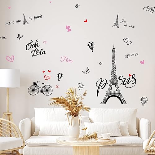 Miniatura 3 de PLIGREAT 2 hojas de calcomanías de pared de la Torre Eiffel, calcomanía de pared grande de la torre de París, decoración de pared extraíble de la