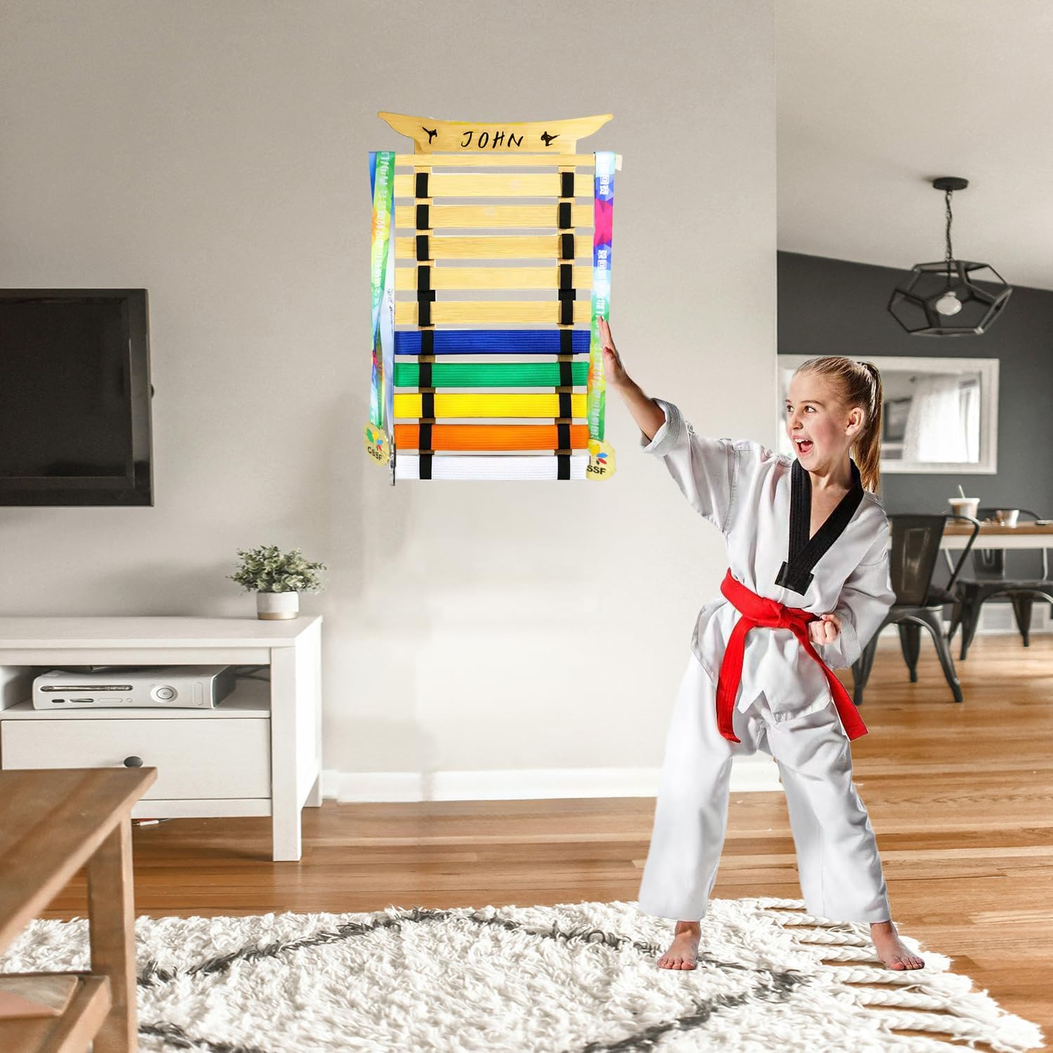 10Belts Taekwondo Belt Display, Rack with Stickers, Martial Arts Belt Display Holder, Karate Belt Jiu Jitsu Belt BJJ Belt Display Hanging Holder for Kids and Adults Gifts