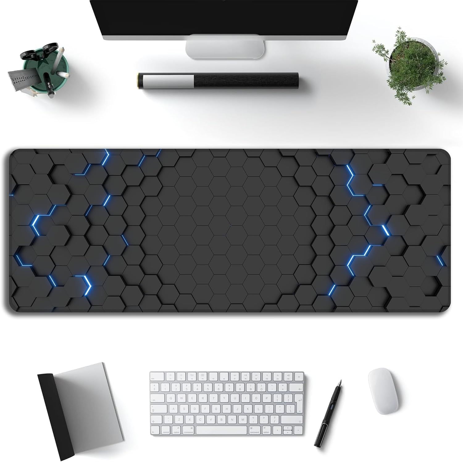 Blue Honeycomb Mouse Pad,XL 31.5"x11.8" Big Gaming Mousepad,Geometric Hexagon Large Extended Mouse Mat,Non-Slip Rubber Base Waterproof with Stitched Edges for Gaming Office Home image 2