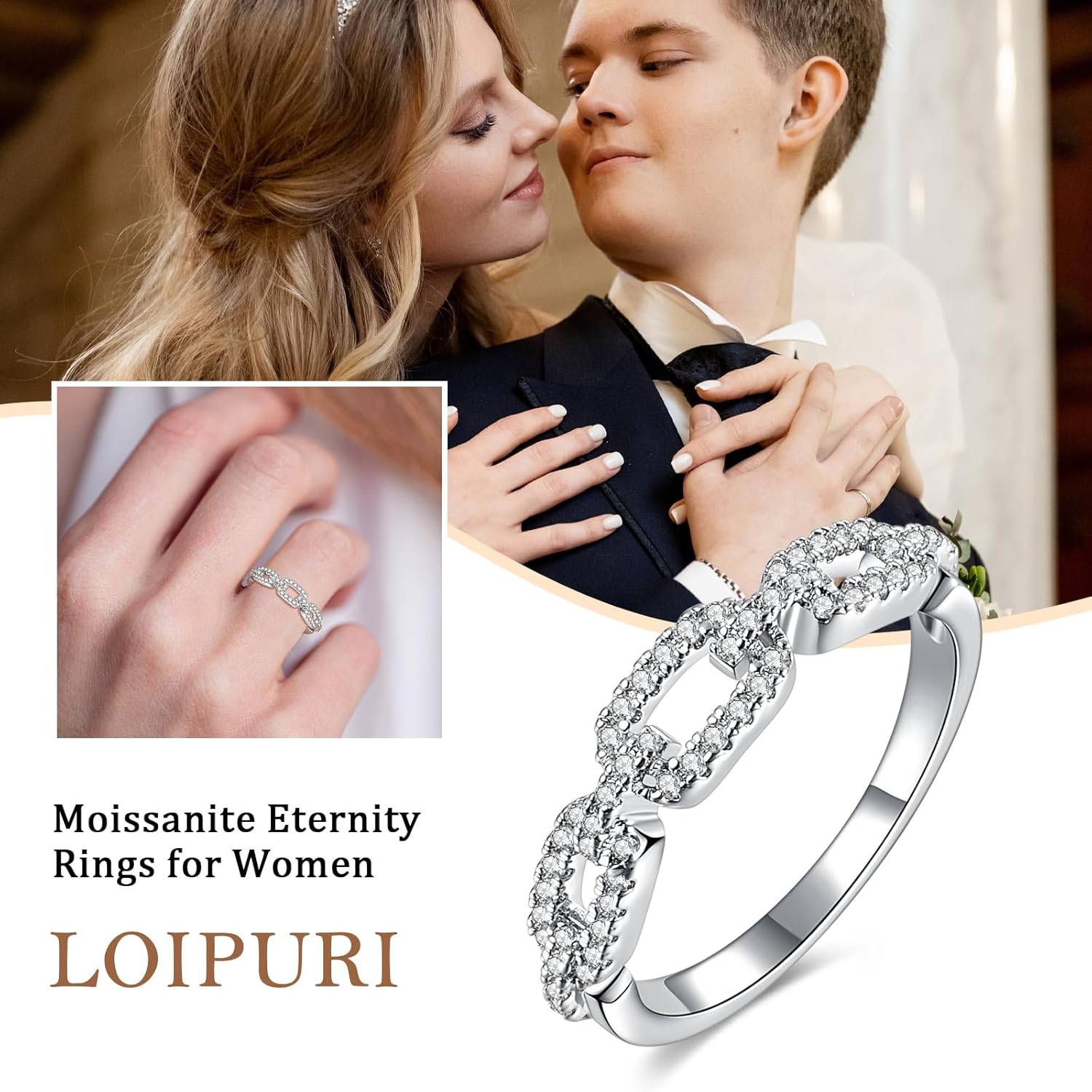 Moissanite Wedding Bands for Women,White Gold D Color VVS1 Wedding Rings,Half Eternity Twist Chain Ring, Stackable Non-Tarnish Anniversary Promise Ring Sizes 5-10 - Image 5