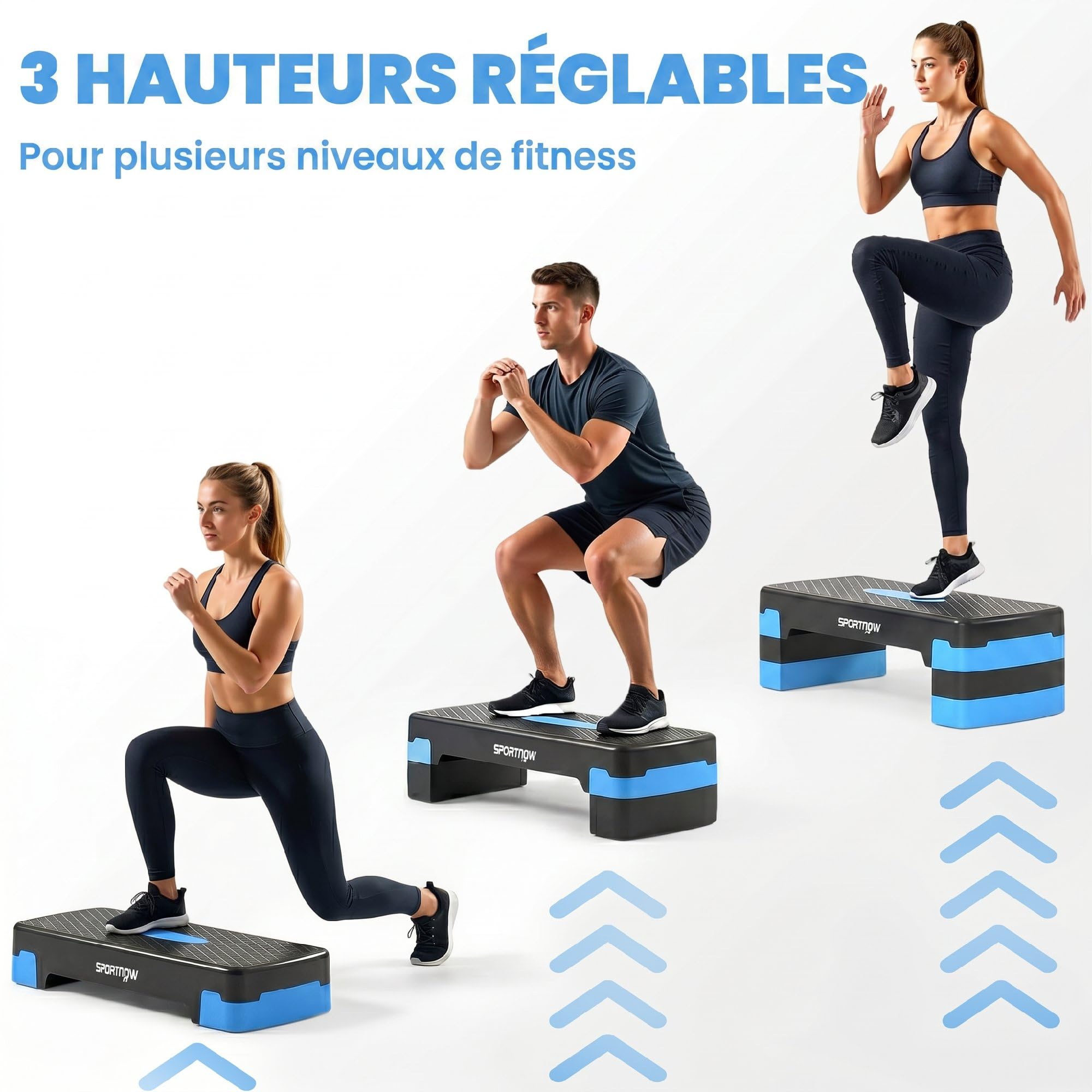 SPORTNOW Stepper Fitness Aérobic 3 Niveaux, Hauteur Réglable 10/15/20 cm avec Rehausses, Surface Antidérapante, Charge 150 kg, Stepper Aérobic pour Maison et Salle de Sport, Bleu