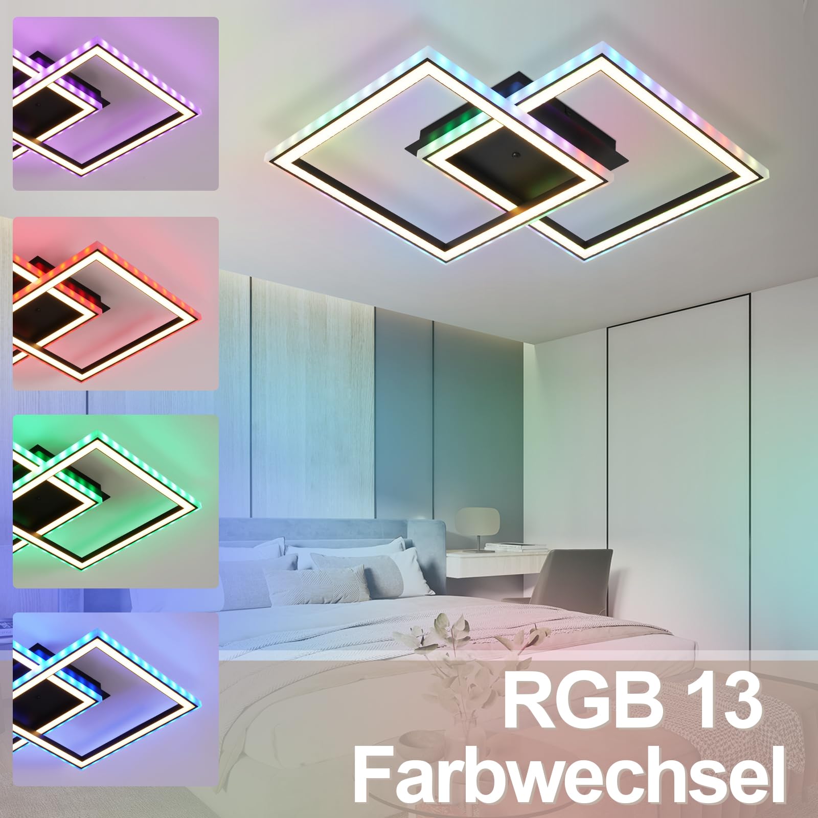 Homefire LED Deckenleuchte RGB Farbwechsel Deckenlampe Schwarz 40W Dimmbar | Modern Schlafzimmerlampe mit Fernbedienung, Eckig Deckenleuchten, Metall Küchenlampe für Jugendzimmer, Wohnzimmer, Gaming