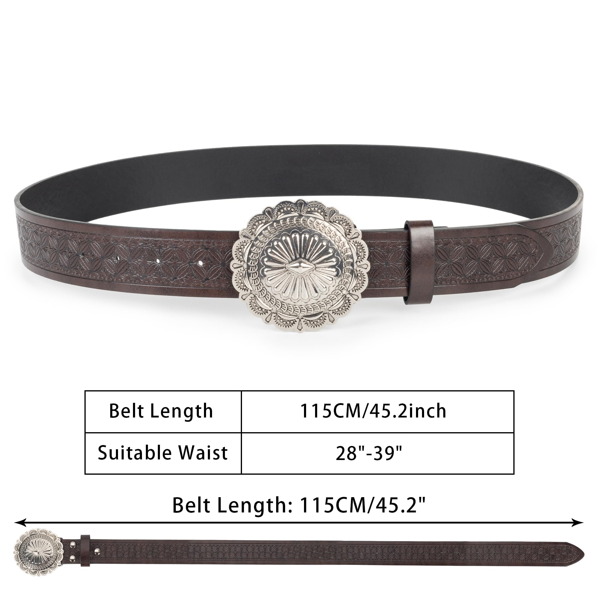KorhLeoh Western-Belt Vintage Floral-Embossed-Leather-Belt Silver-Round Buckle Engraved Cowboy-Cowgirl Belt for Men Women