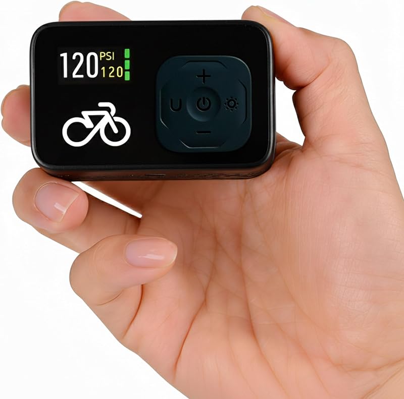 Mini Electric Bike Pump with Digital Gauge, 120 PSI, Auto Shutoff at the Selected Pressure, USB-C, Presta & Schrader Compatible