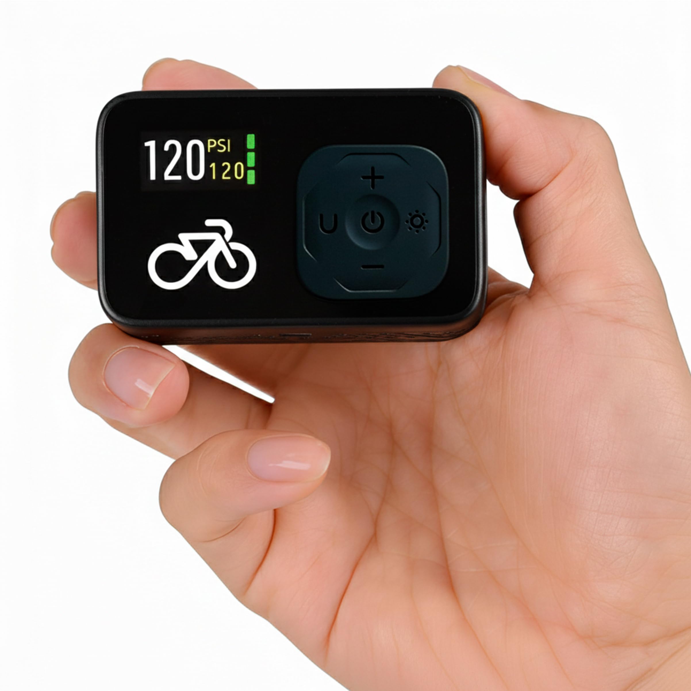 CycloSpirit Mini Electric Bike Pump with Digital Gauge, 120 PSI, Auto Shutoff at the Selected Pressure, USB-C, Presta & Schrader Compatible