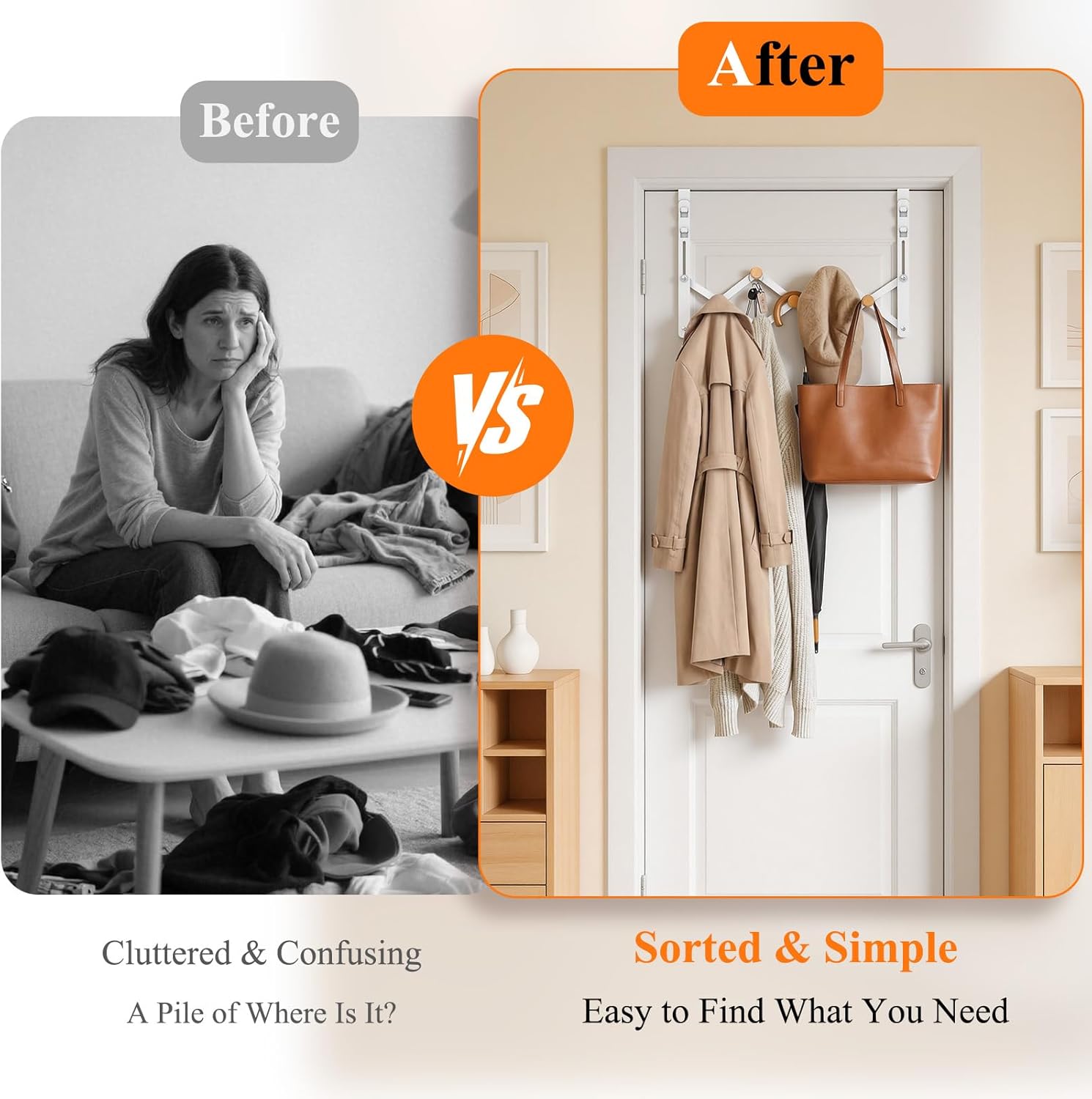 FYY Over The Door Hooks, Door Hanger Towel Rack Organizer, Collapsible No Drill Holder, Heavy Duty Easy to Install, Pads and Wooden Knobs, No-Scratch for Bathroom Clothes Coat Travel, Fit 1-3/4"
