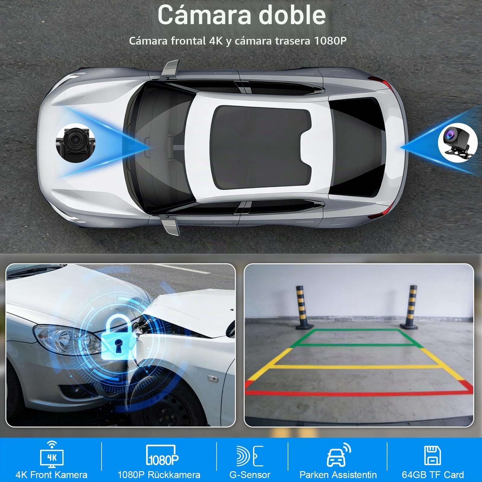 Pantalla Carplay Coche de 10.26" - Pantalla inalámbrica Android Auto Car Play con cámara 4K Dashcam 1080P Cámara de Marcha atrás táctil IPS Bluetooth Mirror Link Pantalla Dividida FM/AUX 64GTF