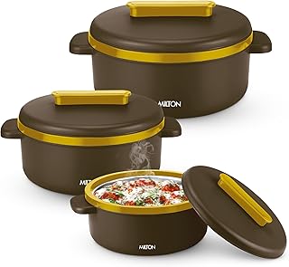 MILTON Micronova Jr. Gift Set Inner Stainless Steel Casserole, Set of 3 (380 ml, 775 ml, 1345 ml), Dark Brown, BPA Free, Food Grade, Hot and Cold, Mic