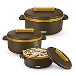 MILTON Micronova Jr. Gift Set Inner Stainless Steel Casserole, Set of 3 (380 ml, 775 ml, 1345 ml), Dark Brown, BPA Free, Food Grade, Hot and Cold, Microwaverable Steel, Dishwasher Safe, Chapati, Roti