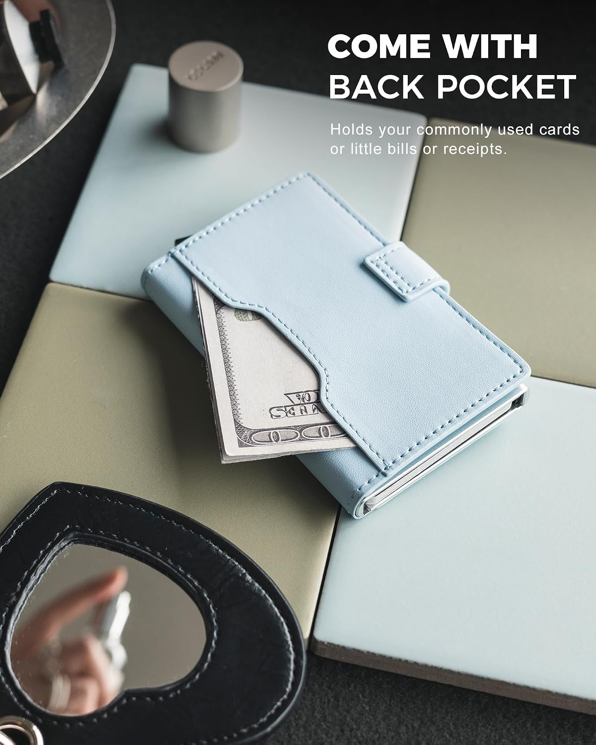 VULKIT Slim Bifold Pop up Wallet Minimalist Leather Card Holder RFID Blocking Metal Card Case with ID Window for Women | with Leather Slots