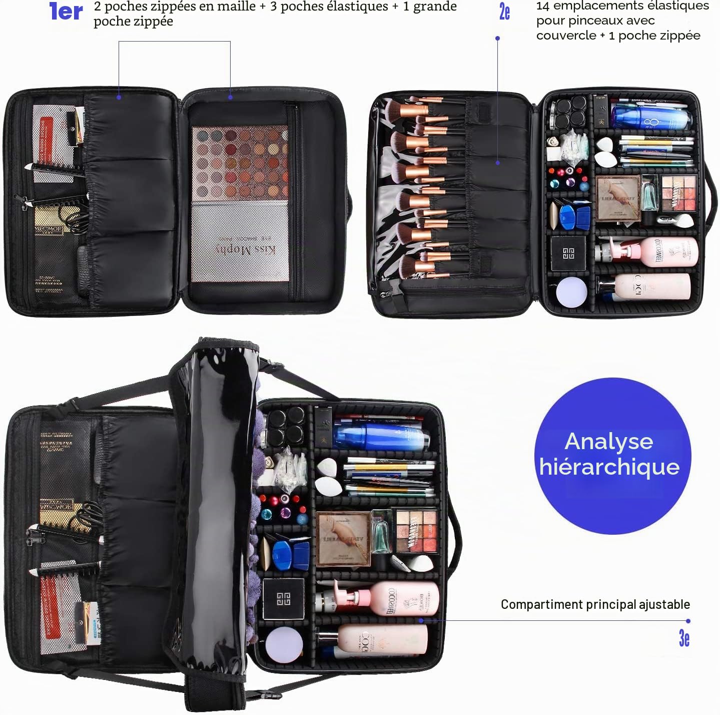 Relavel Trousse de Maquillage Extra Large - Sac de Voyage pour maquilleur Professionnel - Boîte de Rangement pour Ongles - avec séparateurs réglables - Fixation au Chariot, Noir, XL, Étui cosmétique
