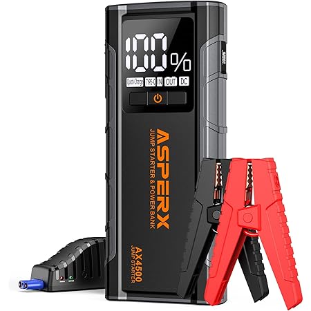 ASPERX AX4500 Jump Starter, 4500A Peak Car Jump Starter for Up to All Gas and 10.0L Diesel Engines, 12V Battery Starter with 4 Inch LCD Display, Lithium Battery Booster with Built-in LED Light