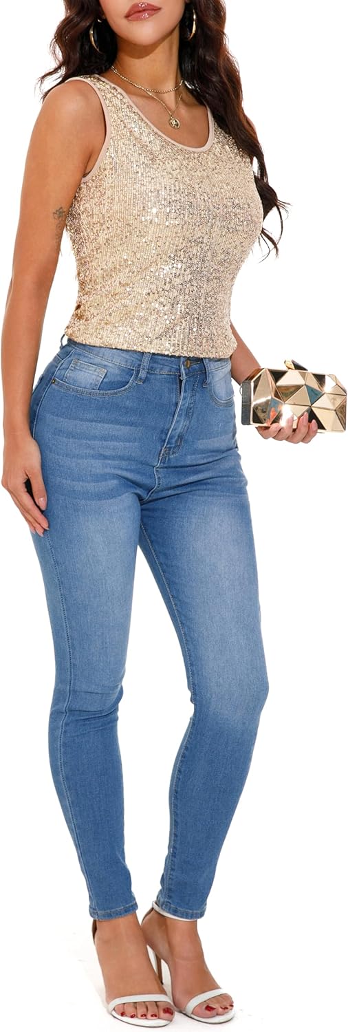 GUANYY Women's Sequin Tops Scoop Neck Sleeveless Glitter Shirts Sparkle Club Party Disco Tank Tops S-XXL - Image 2