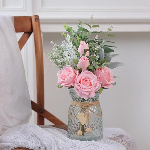 Miniatura 2 de Flores de imitación con jarrón, rosas artificiales de seda en jarrón, arreglo floral de eucalipto para el hogar, oficina, granja, baño, mesa de