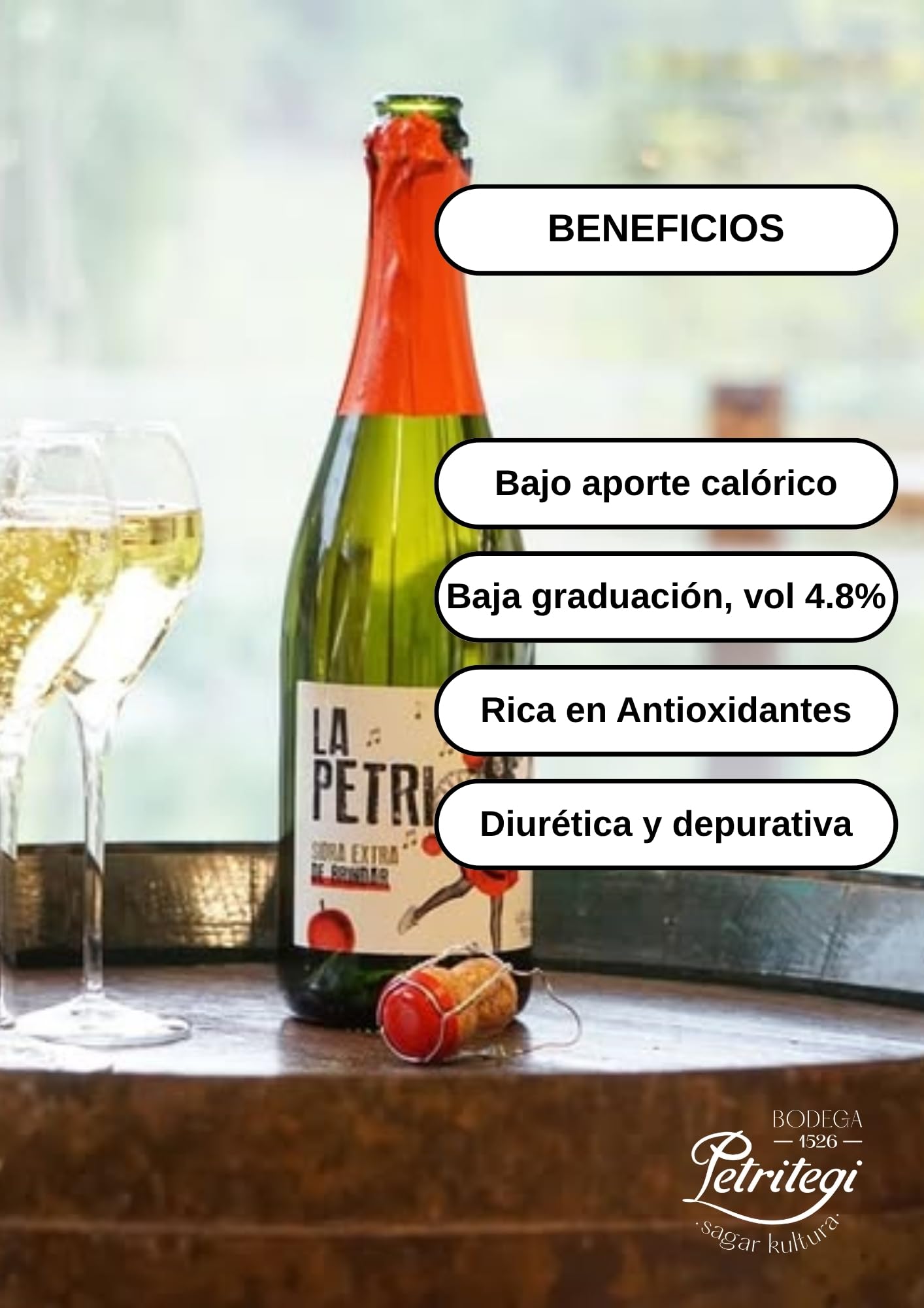 Sidra La Petri 750 ml Pack 6 botellas | Sidra natural vasca con manzana 100% | Petritegi Astigarraga | Vegana y sin gluten | Sidra espumosa 4.8% vol refrescante para aperitivo