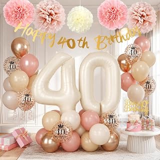 40th Birthday Decorations for Women, Retro Blush Pink Number 40 Balloons