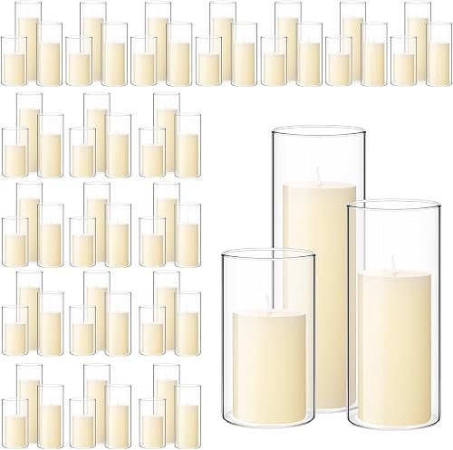 Shihanee 120 Pcs Pillar Candles & Glass Cylinder Holders Set,Ivory White | Clear Cylinder Vases for Slim Pillar Candles, Perfect for Wedding Centerpieces, Table Decorations, Parties and Home Events