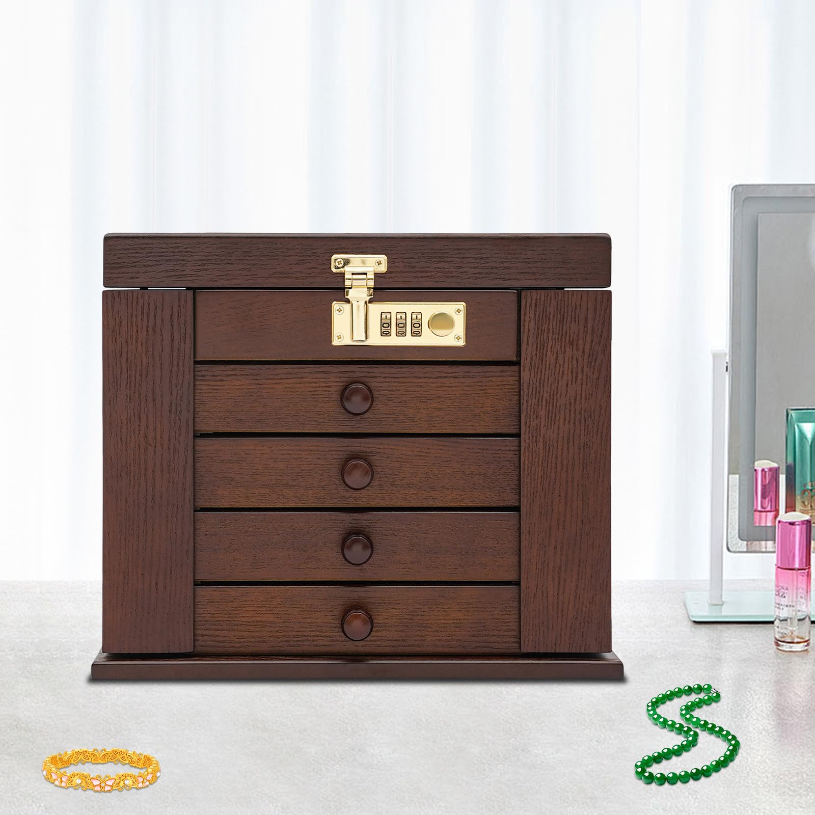 Joyero de madera de 5 capas para mujer, de madera maciza, estilo vintage, organizador grande con 4 cajones, estilo vintage, para collares, anillos, regalo