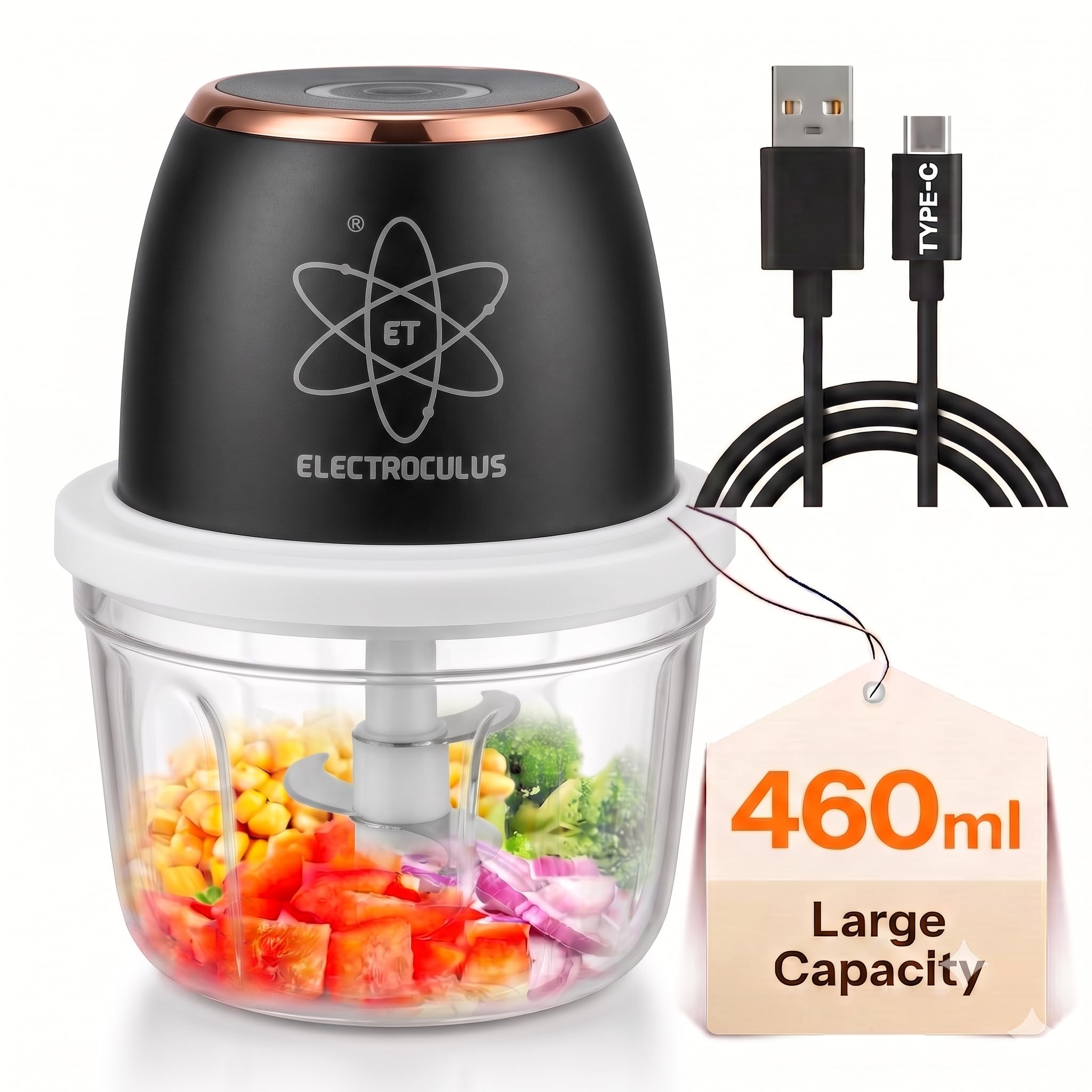 premium rechargeable mini electric chopper 460 ml | food‑grade bowl | stainless steel blades | one‑touch operation | ideal for garlic, onion, veggies & nuts | color-obsidian black |