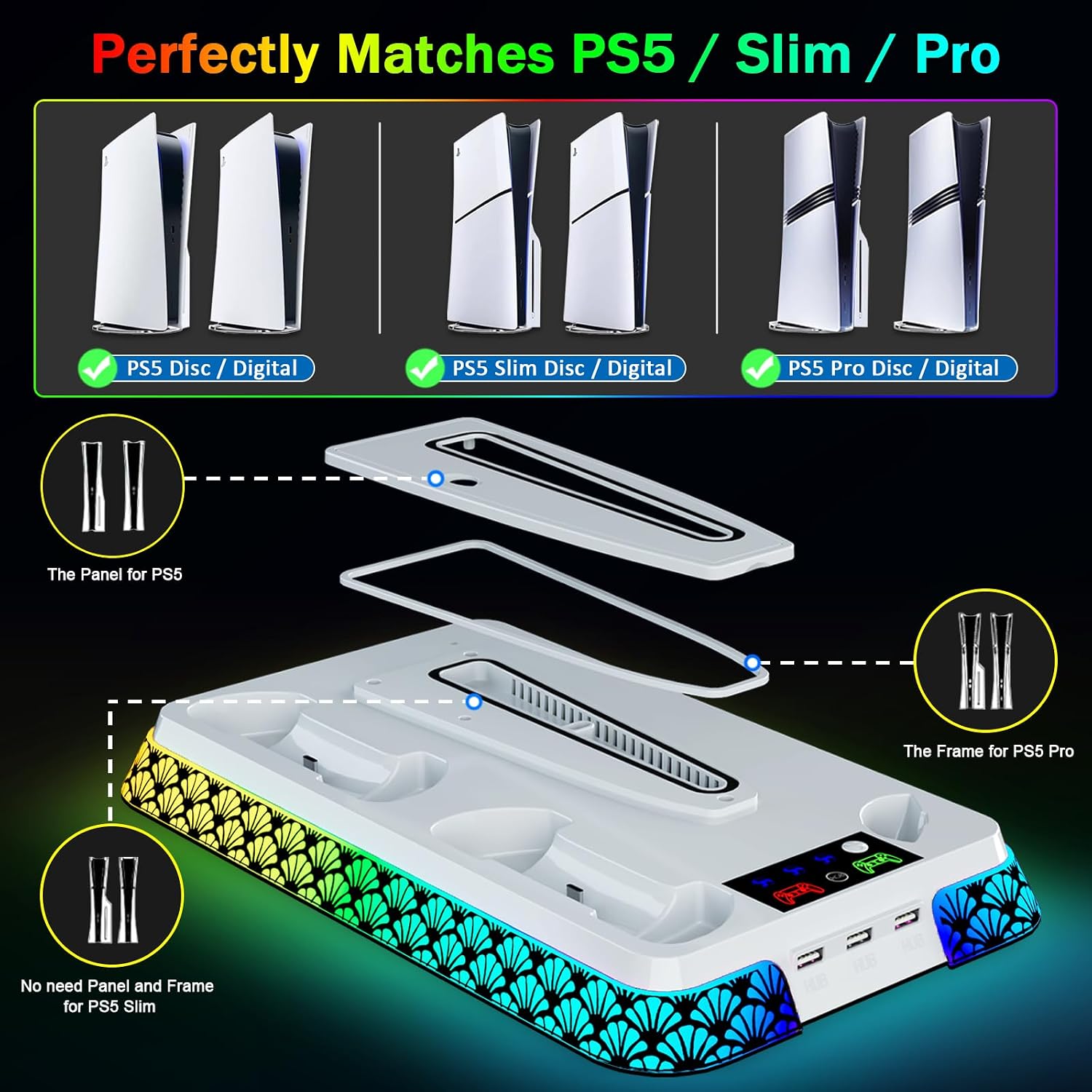 PS5/Slim/Pro Stand and Cooling Station with LED Controller Charging Station for PlayStation 5 Console,Accessories Incl.Controller Charger,PS5 Cooling Fan,Headset Holder,3 USB Hubs (firework-white) 3 71uRGVp4kRL. SL1500