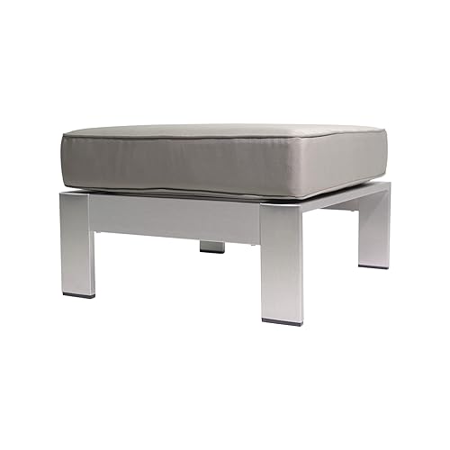 Aya Coral Cushioned Aluminum Ottoman, Silver and Khaki