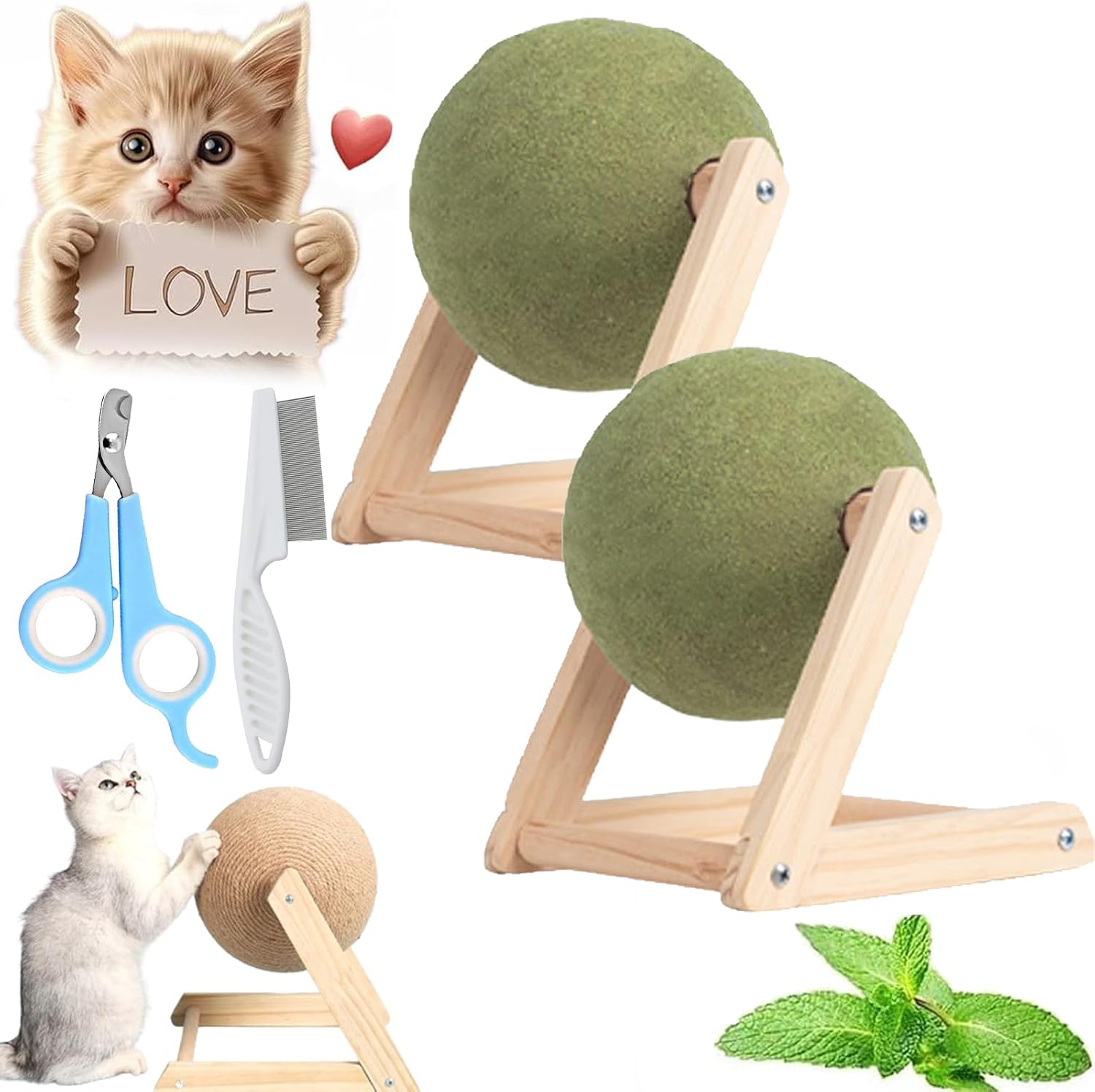 Giant Catnip Ball with Wood Stand, Rotatable Catnip Roller Ball Floor Mount, Catnip Floor Toys with Enjoyable and Safe, Floor Catnip Roller for Cat Playing (2Pcs-Catnip Balls-S)