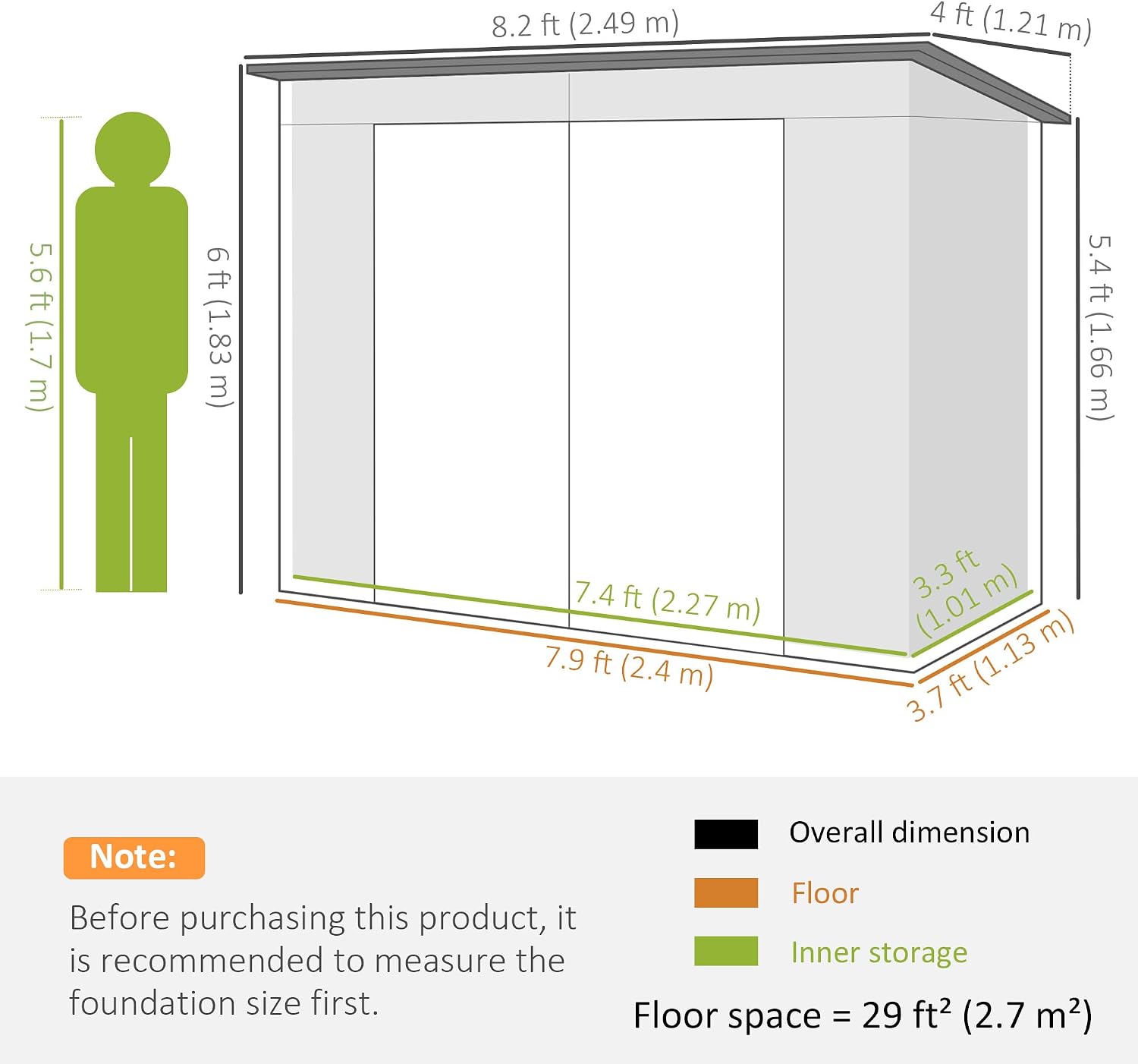 Diagram showing the overall and inner dimensions of the 8x4FT shed, including height, width, and depth measurements in feet and meters.