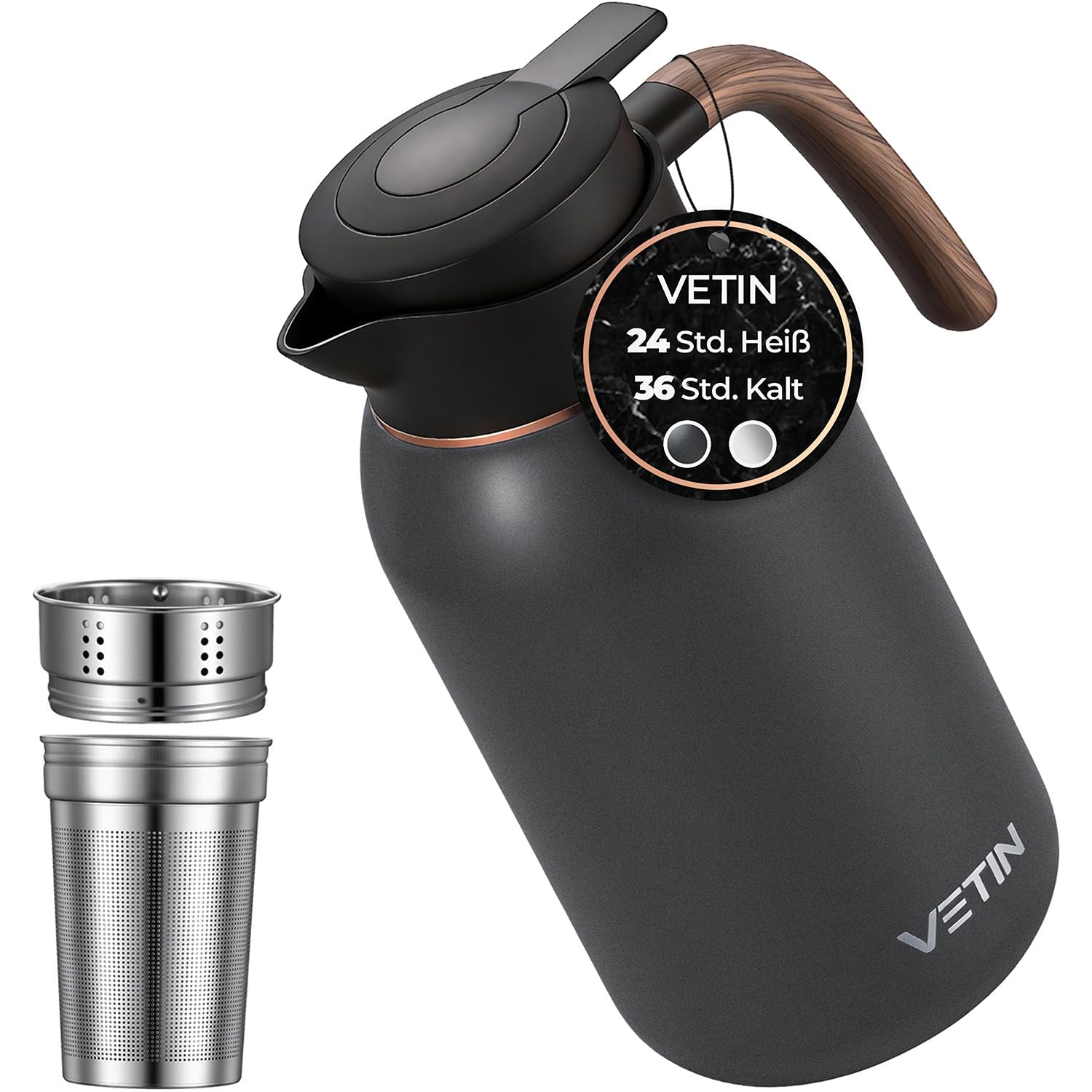 VETIN Thermoskanne mit Teesieb 2L aus 316 Edelstahl, Kaffeekanne Thermo | Auslaufsicher, 24 h Heiß & 36 h Kalt, für Tee, Kaffee und Kalte Getränke (Kunststoffgriff)