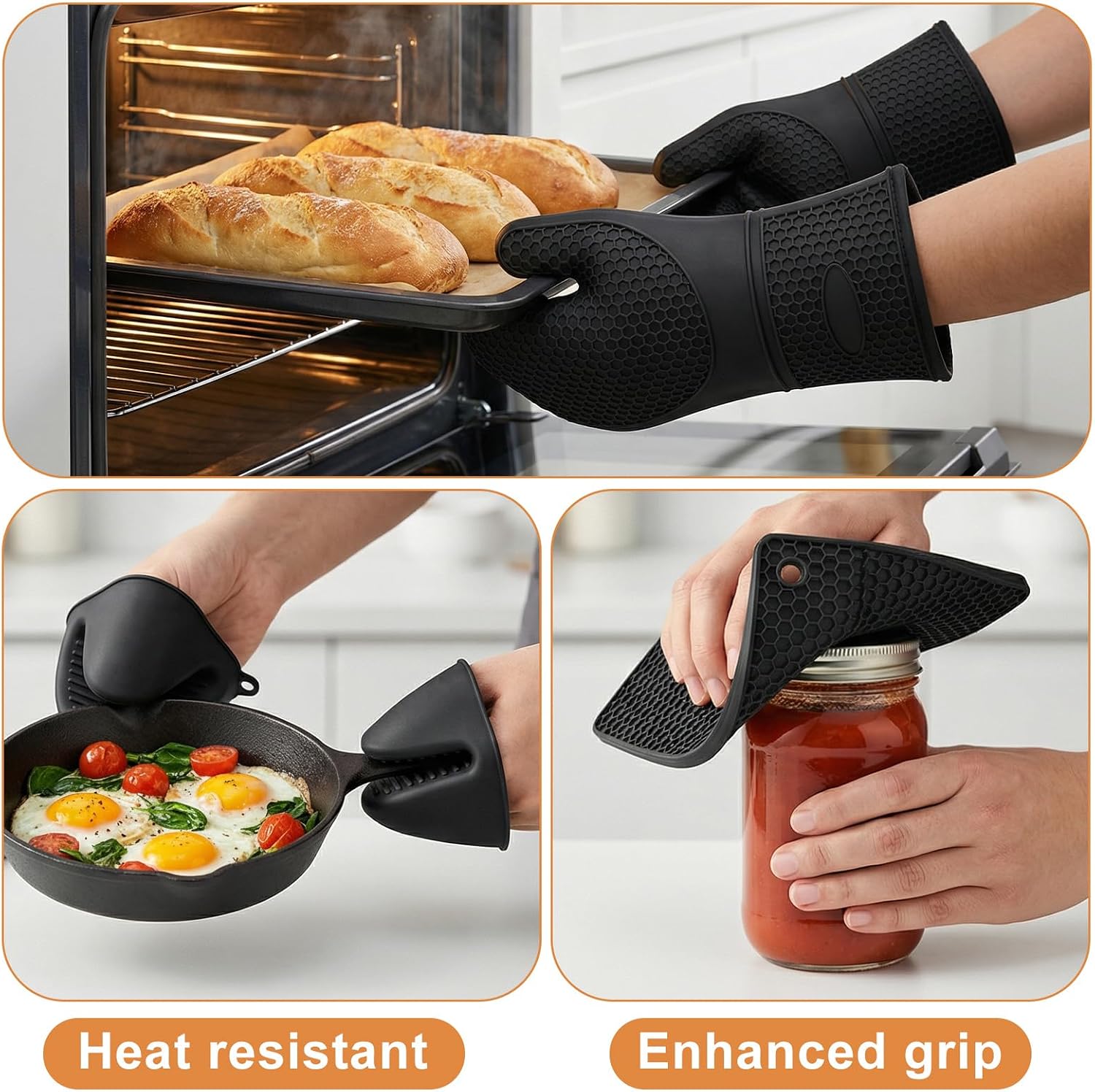 6 Pcs Oven Mitts and Pot Holders Sets for Kitchen, Extra Long Silicone Oven Gloves High Heat Resistant 500 Degrees Non-Slip Potholders Hot Pads for Baking Cooking (Black)