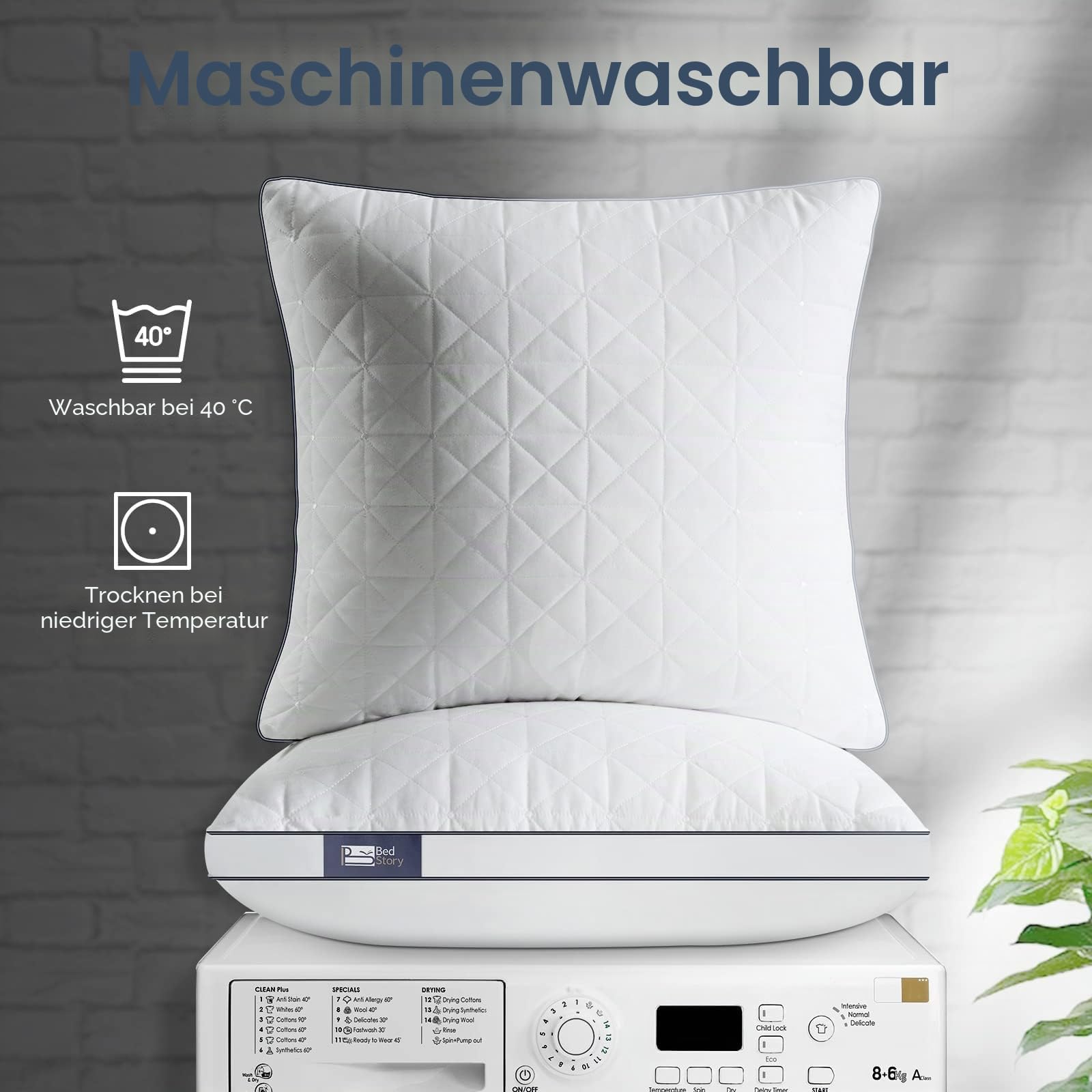 BedStory Anti-Milben-Kopfkissen, niedrige Füllung, hypoallergene Mikrofaser, Hotelqualität, flauschig und atmungsaktiv, 50 x 70 cm, 2 Stück, geeignet für Seiten- und Rückenliegen