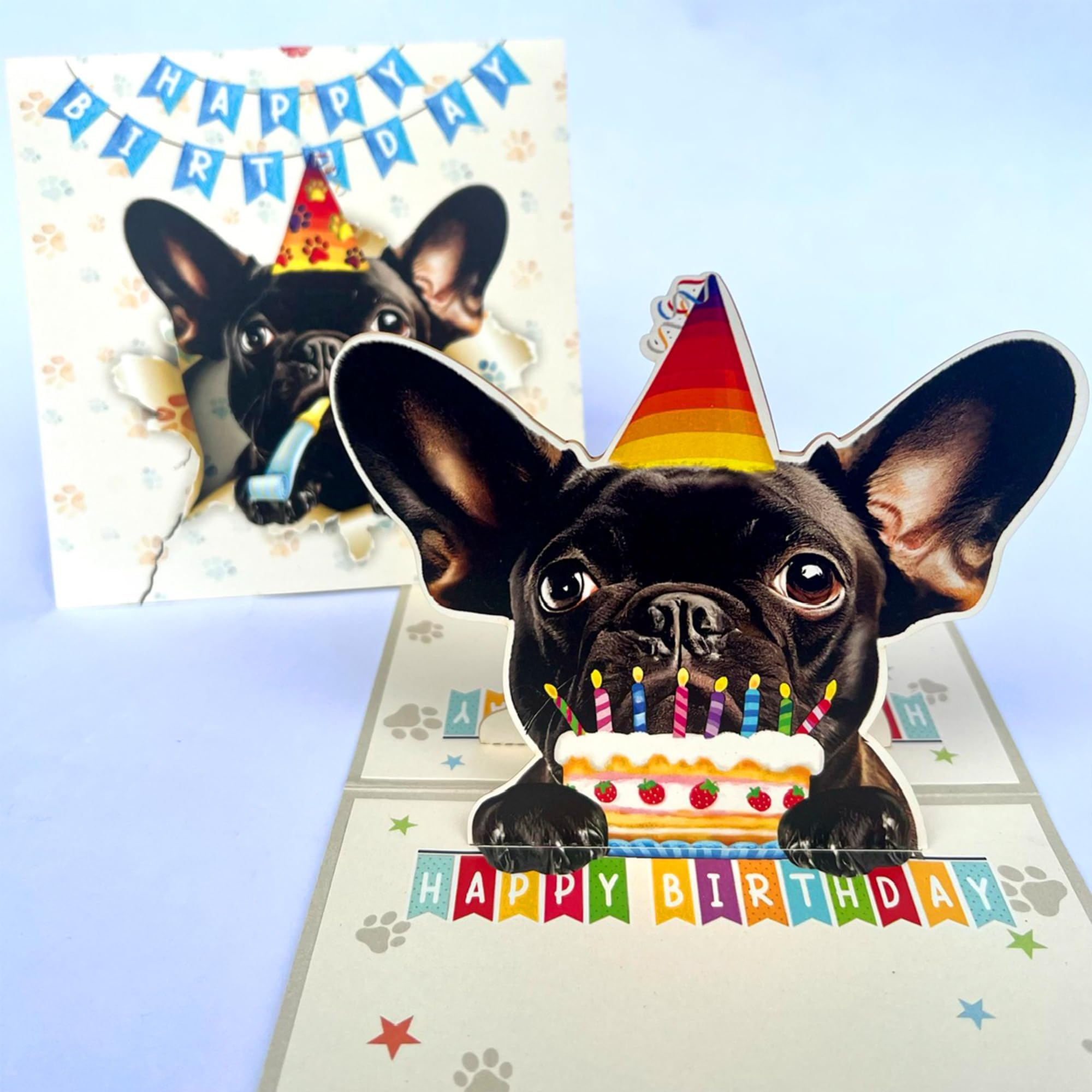 Momapopup Black French Bulldog Birthday Card 3D Pop Up — Black Frenchie with Party Hat & Birthday Cake, Funny French Bulldog Card for Frenchie Lovers, Frenchie Mom Dad Gift, Includes Envelope