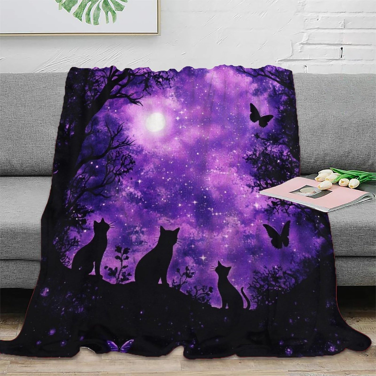 Couverture polaire chat 3D galaxie violette en microfibre douce pour lit et canapé de 180x200cm