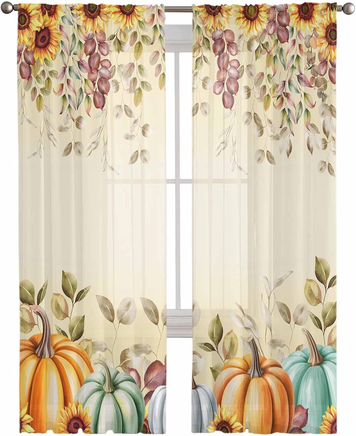 Thanksgiving Pumpkins Eucalyptus Leaves Sheer Curtains 84 Inch Length 2 Panels Set for Living Room/Bedroom,Fall Sunflowers Semi Curtain Sheers Drapes Rod Pocket Floral Curtains Window Set 52x84x2 Inch