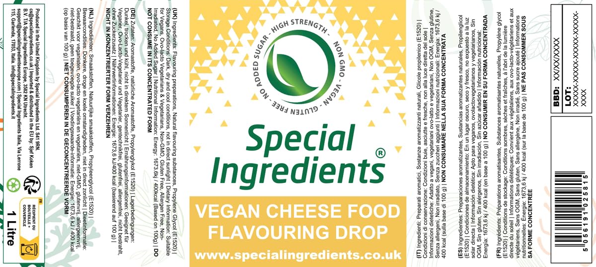 Special Ingredients Flavour Drops Vegan Cheese, 1 L | Veganer Käse-Geschmackstropfen, Lebensmittelaroma, Vegane Geschmackstropfen, Für Backen, Speisen und Getränke, Zuckerfrei
