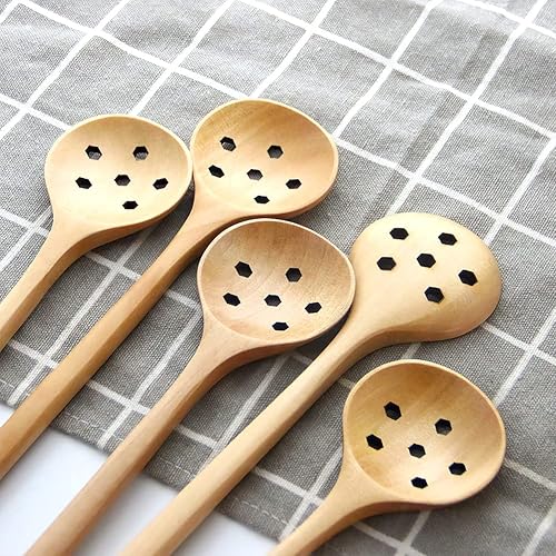 Miniatura 8 de 1 cuchara de madera de olivo, 11 pulgadas, estilo coreano, mango largo, cucharas redondas ranuradas de madera para mermelada de oliva