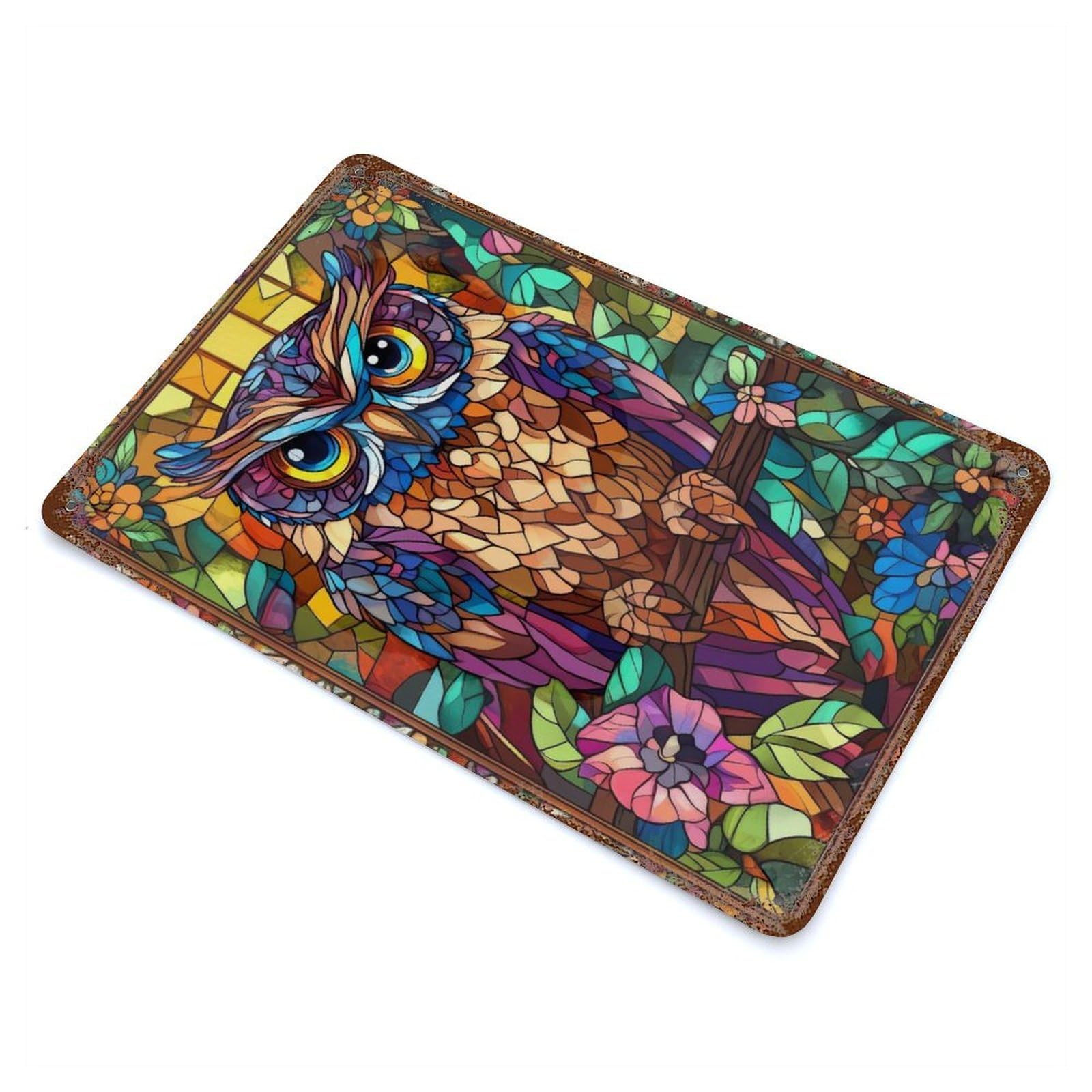 Stained Glass Owl 11.8"x7.9" Vintage Rust Metal Sign, Shabby Chic Decor for Garage, Bar And Workshop Decor