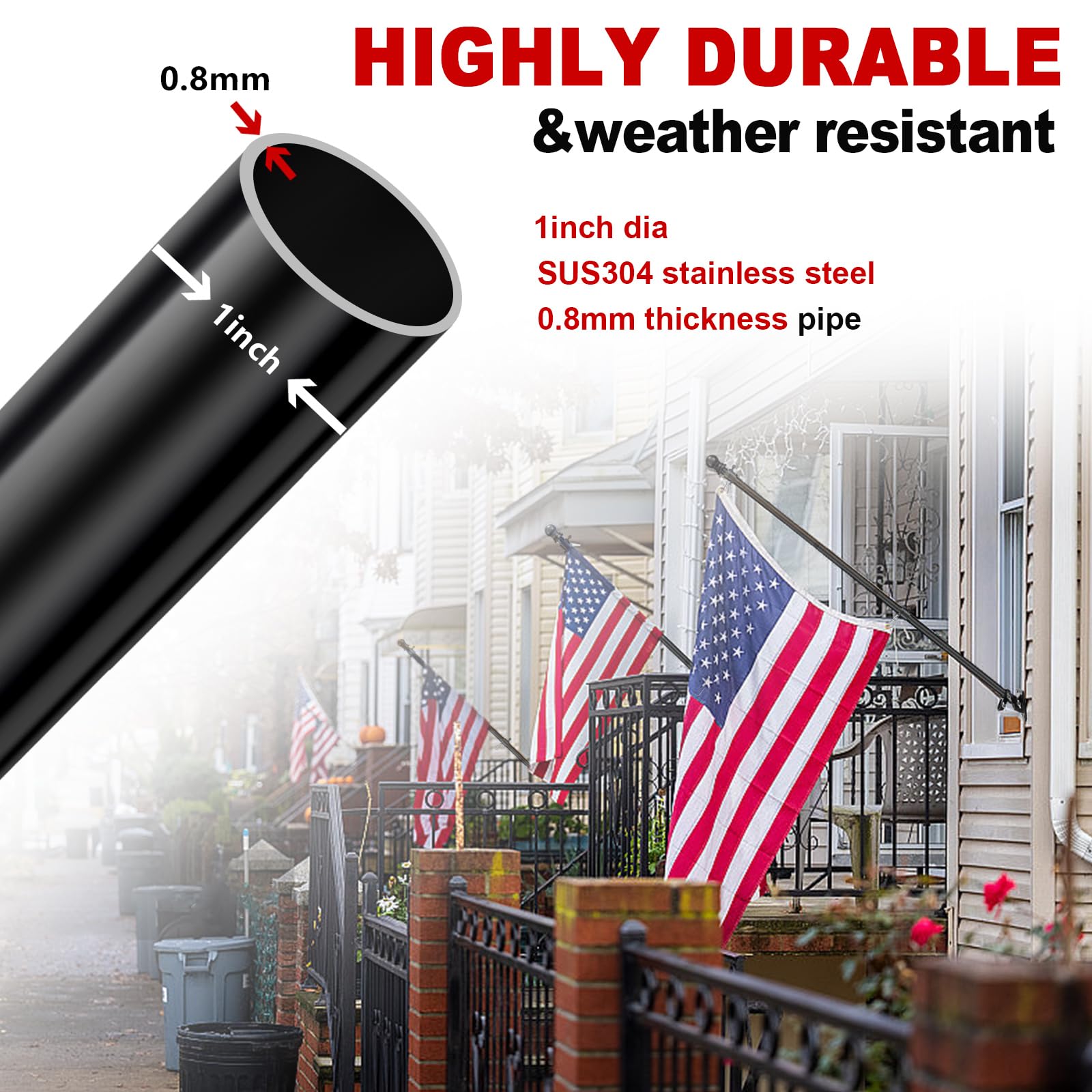 cogardenshower House Flag Pole Kit - 5ft Tangle Free Flag Pole Holder for Outside House - Heavy Duty Stainless Steel Flag Poles for 3x5 Flags Outdoor,Metal Porch Flagpole with Bracket - Black
