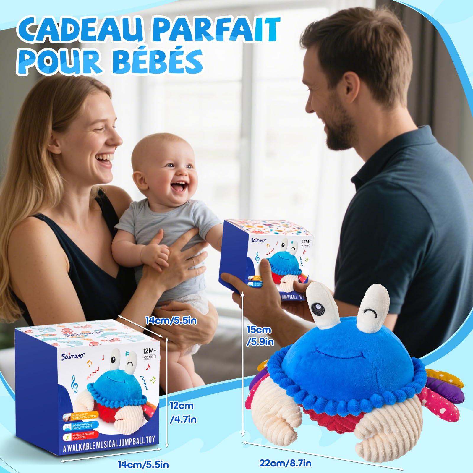 SAIMAND Jouet Bébé 6-18 Mois – Peluche Crabe Musicale Interactive avec Enregistrement, Jouet d’Éveil pour Tummy Time, Jeu Sensoriel Bébé, Cadeau Garçon Fille 1 2 3 Ans (Bleu)