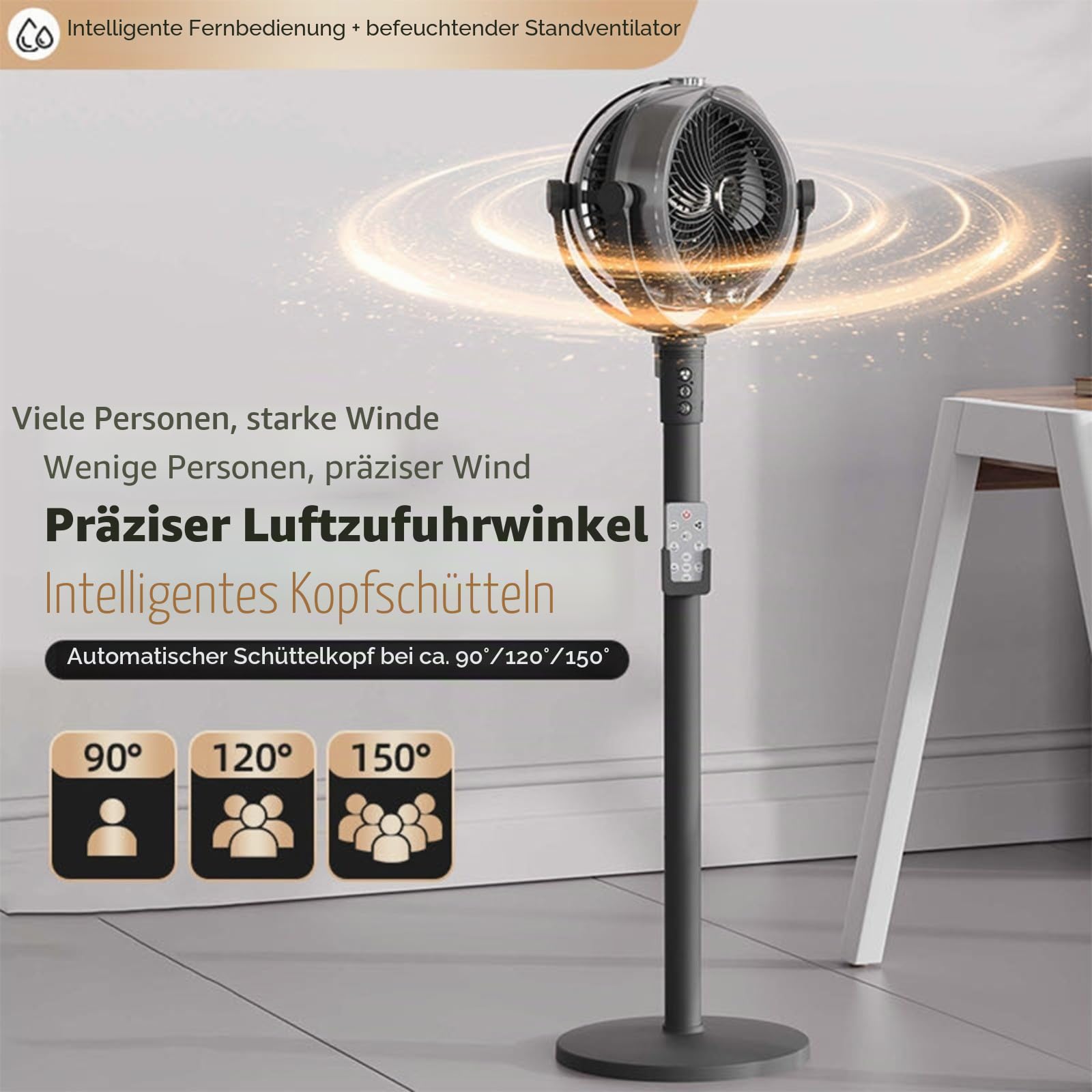 Tragbarer Außenventilator mit Fernbedienung, 4 Geschwindigkeiten, oszillierender Sockel-Sprühkühler mit Timer für Terrasse, Garten, Camping, ABS-Konstruktion (schwarz)