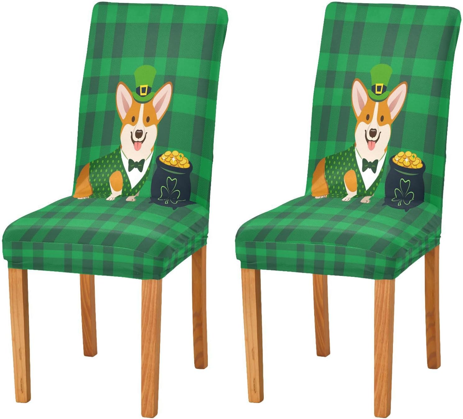 Patricks Day Corgi Dog Dining Room Chair Covers Green Buffalo Check Chair Slipcovers Stretch Seat Protector Removable Chair Cover For Home Kitchen Restaurant Hotel 4pcs