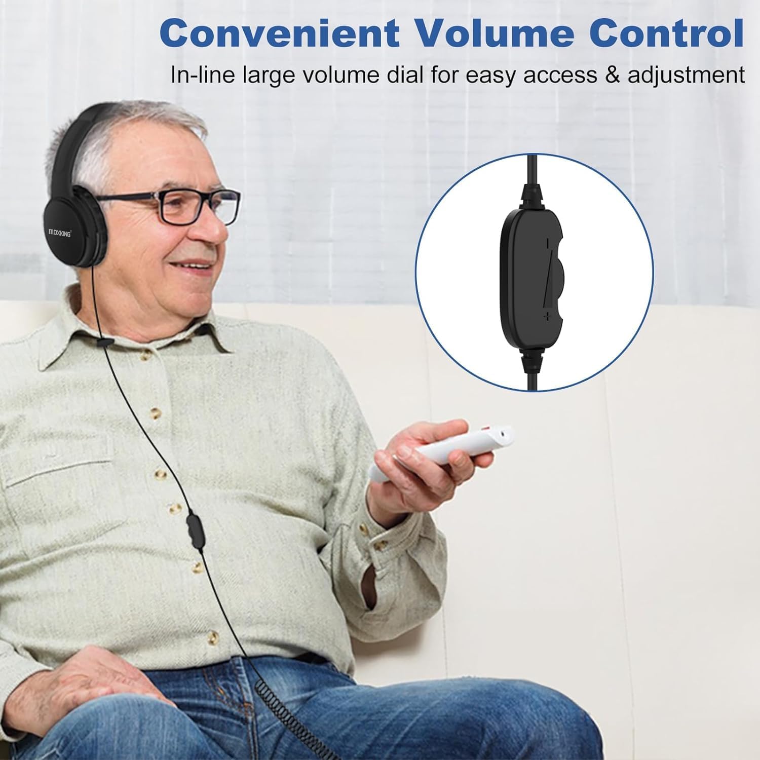 19.5Ft / 6M Extra langes Kabel Kopfhörer für TV PC mit Lautstärkeregler, Feder Spiralkabel, 3.5mm AUX, kabelgebundene Over Ear Kopfhörer für Senioren Schwerhörige, große komfortable Computer Headset