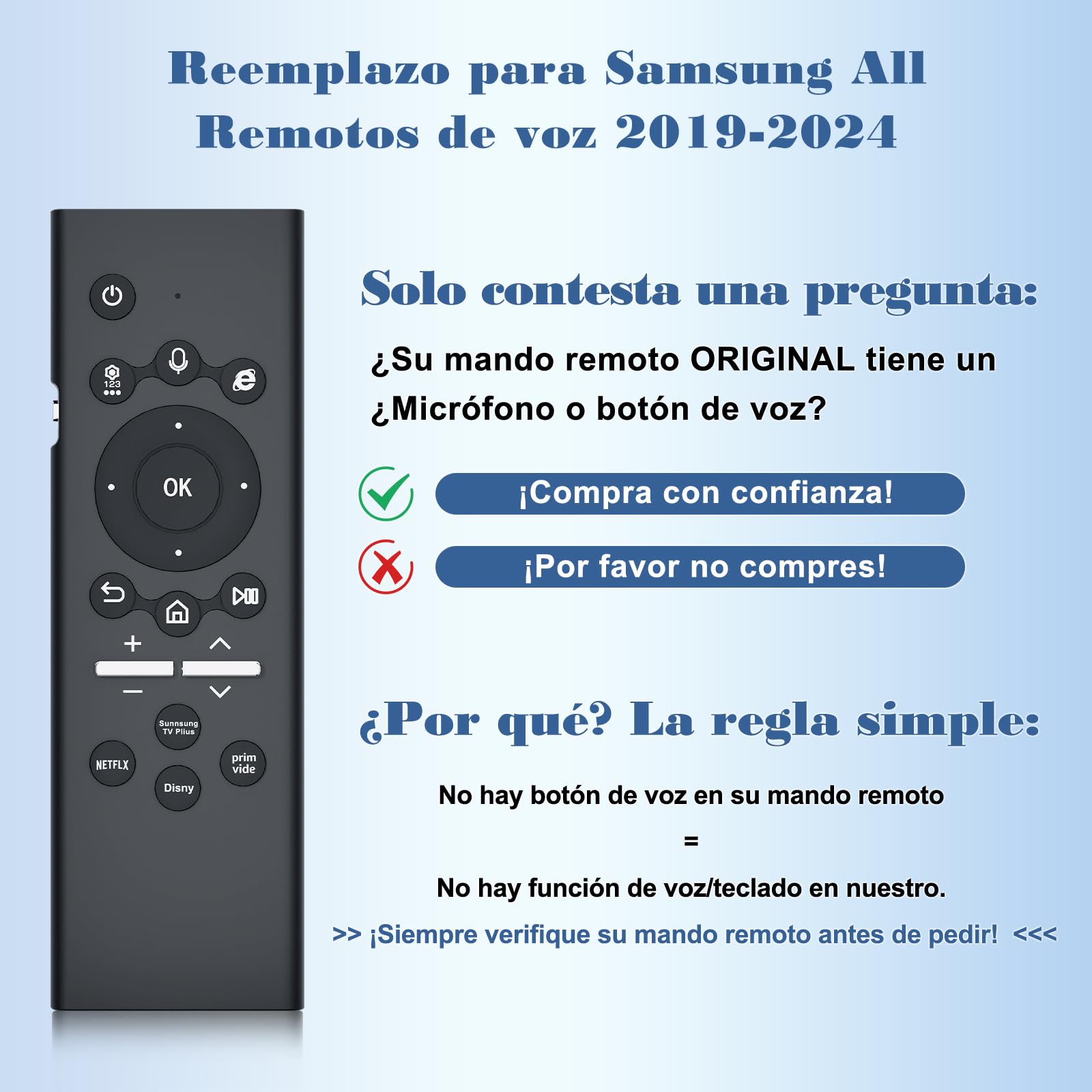 Mando Universal Sustituto para Samsung Smart TV con Teclado Iluminado y Control de Voz - Compatible con Todos los Mandos de Voz para TV Samsung (Series 2019-2024)