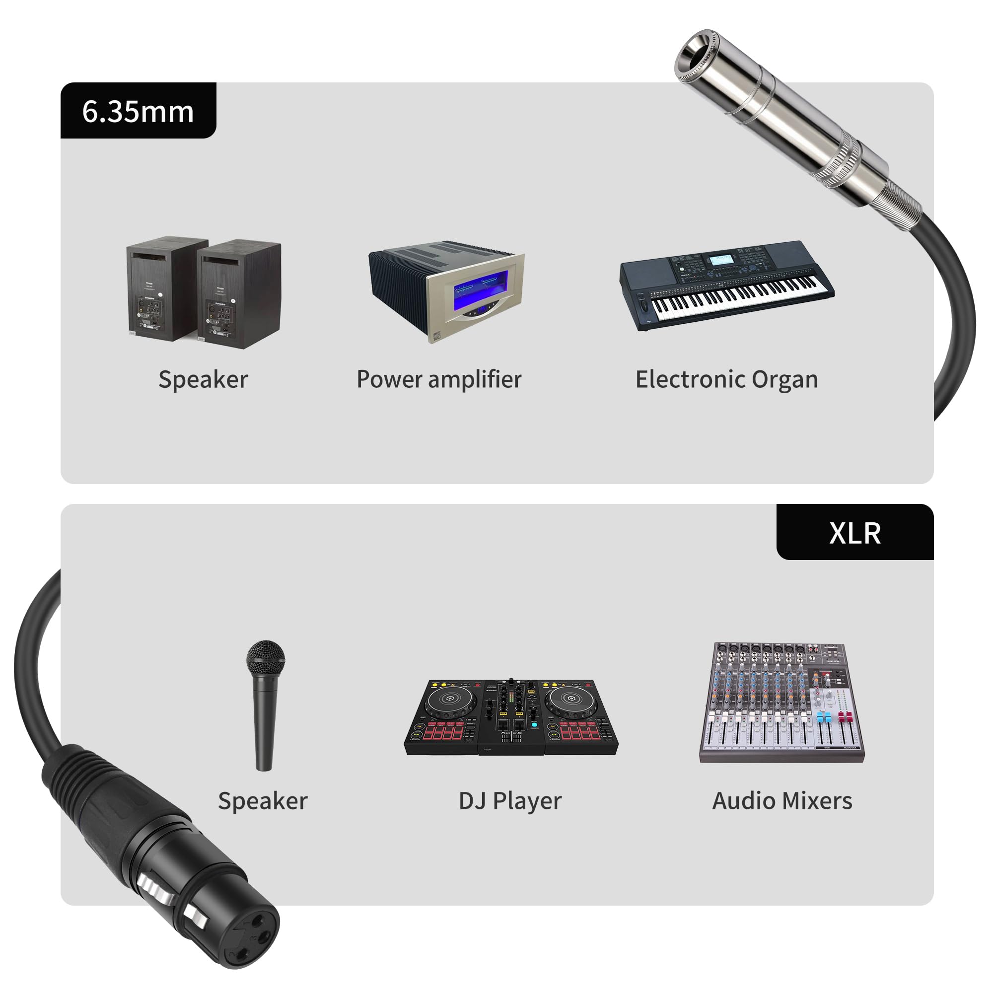 XLR-Buchse auf 6,35-mm-Buchse, Stereo-Audiokabel, 3-polig, XLR auf TRS-Kabel, 30 cm, 2 Stück