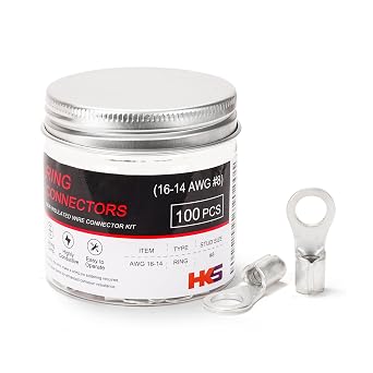HKS 100PCS Non-Insulated Ring Terminals, #8 Stud, AWG 16-14 1.5-2.5mm2 Tinned Red Copper Crimp Connectors, M4 Bolt Size, Uninsulated Wire Lugs for Electrical Wiring & Automotive Applications
