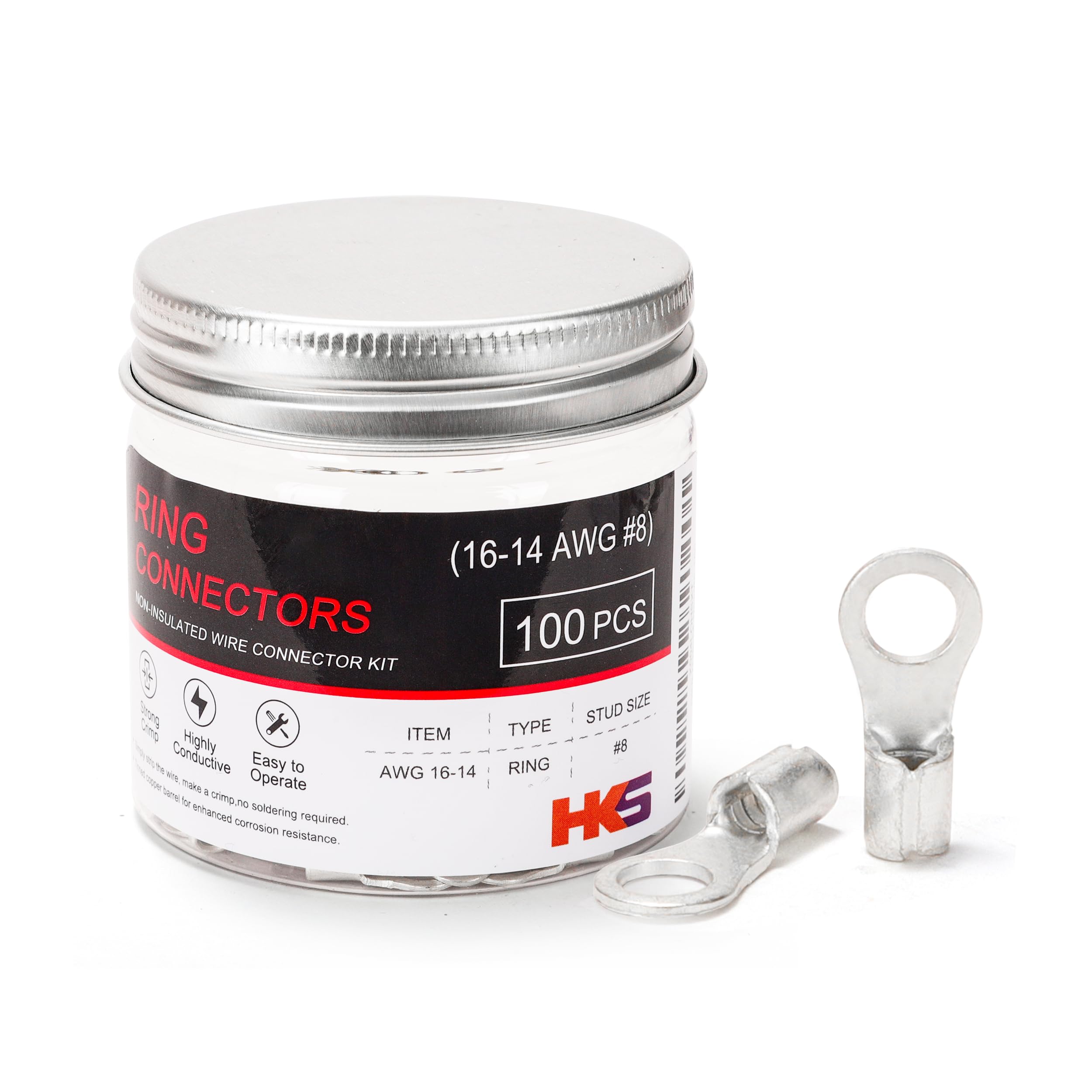 HKS 100PCS Non-Insulated Ring Terminals, #8 Stud, AWG 16-14 (1.5-2.5mm²) Tinned Red Copper Crimp Connectors, M4 Bolt Size, Uninsulated Wire Lugs for