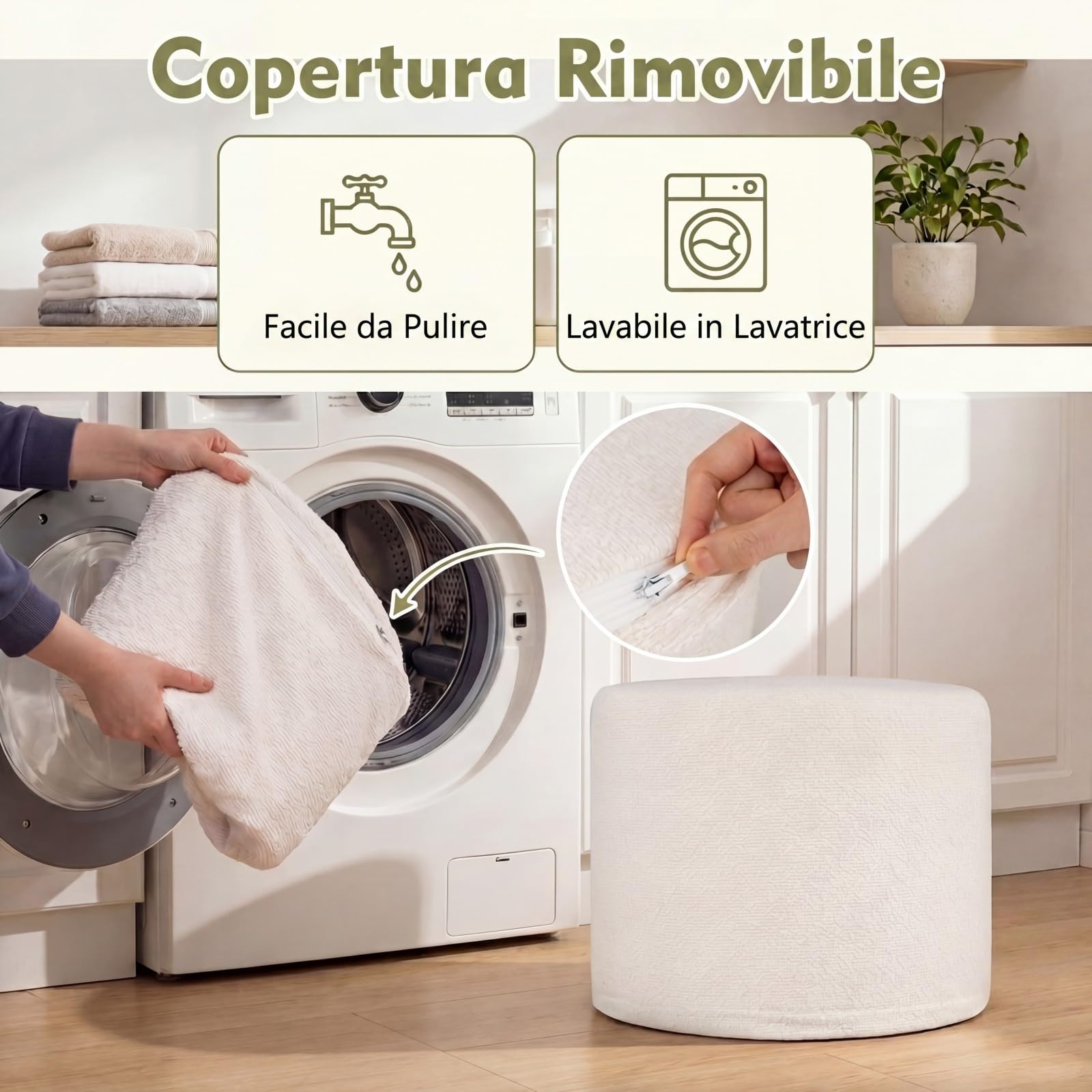 SOARS Pouf Ottomano Imbottito, Ø45 x 35 cm Poggiapiedi Rotondo con Tessuto in Filato Bouclé, Schiuma Morbida e Rivestimento Removibile, Poggiapiedi Divano per Camera da letto e Soggiorno, Beige