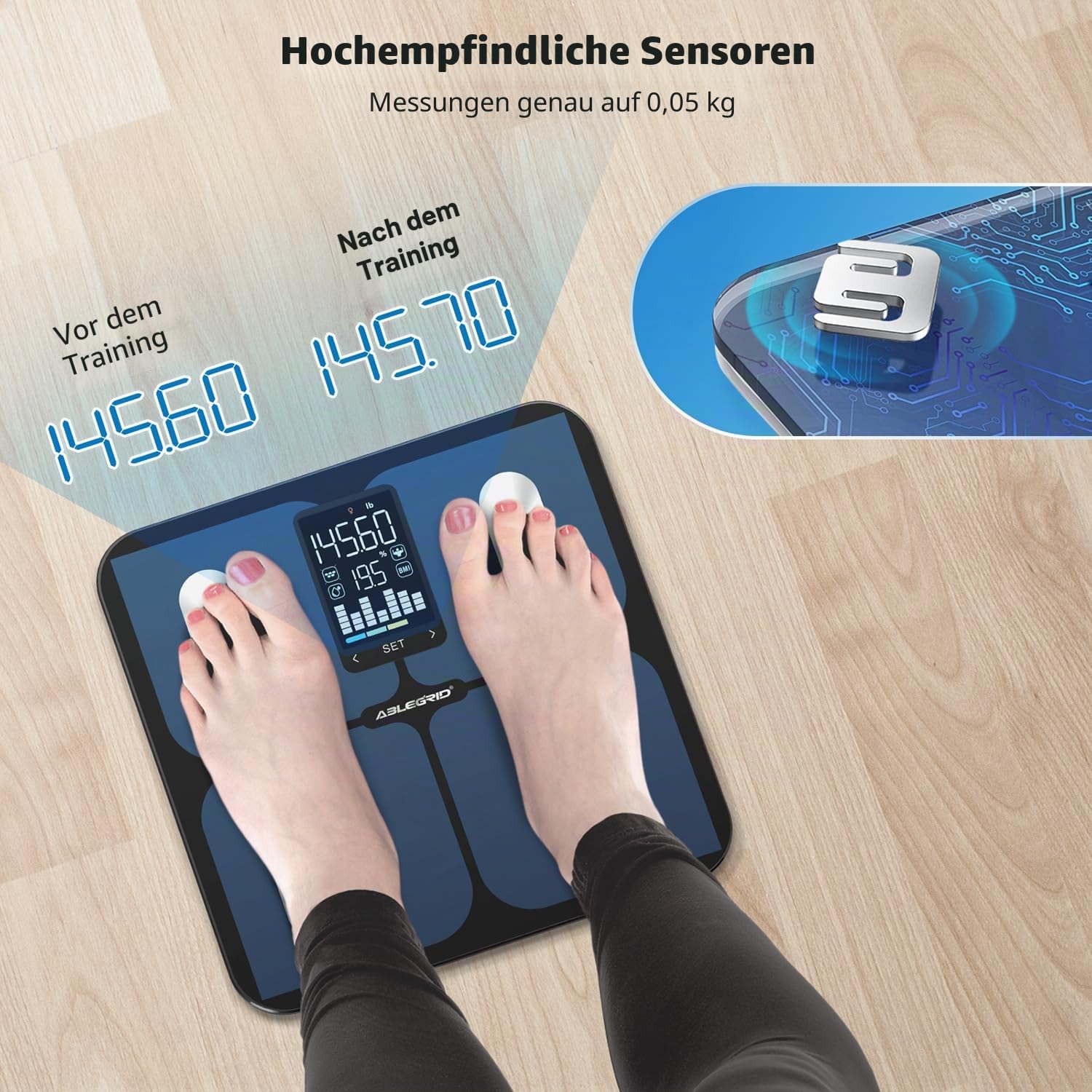 ABLEGRID Digitale intelligente Personenwaage für Körpergewicht und Fettanteil, Körperfettwaage mit großem BMI-LCD-Display, genauer Körperzusammensetzungsanalysator, Wiegemaschine für Menschen mit
