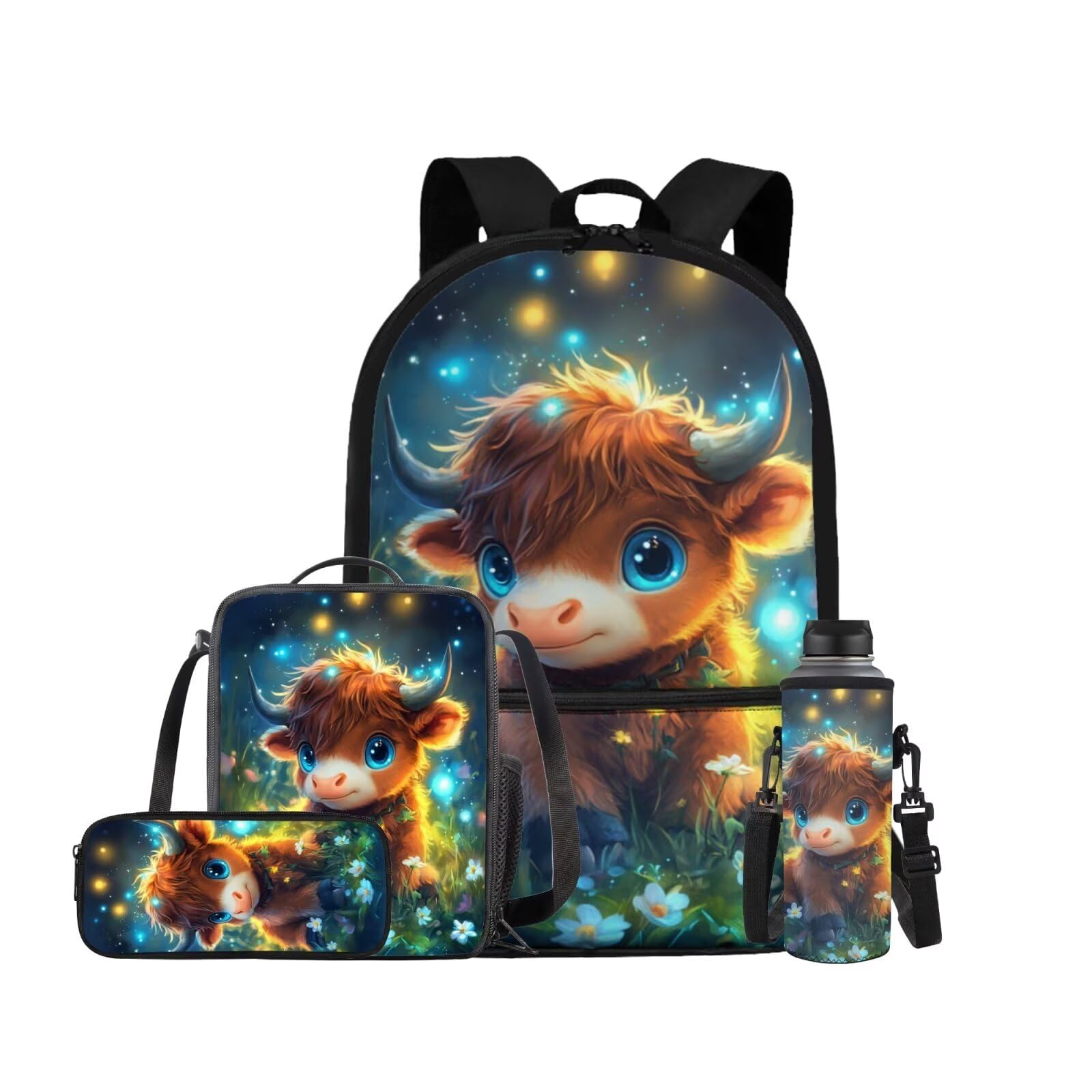 ELEDIZI Cute Highland Cow Backpack for Girls Kids Backpack with Lunch Box Water Bottle Holder and Soft Pencil Case 4 PCS Set Sturdy Bookbag with Front