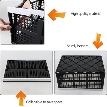 40 L Large Collapsible Storage Crates, Black Plastic Stackable Storage Crates, 4 Pack