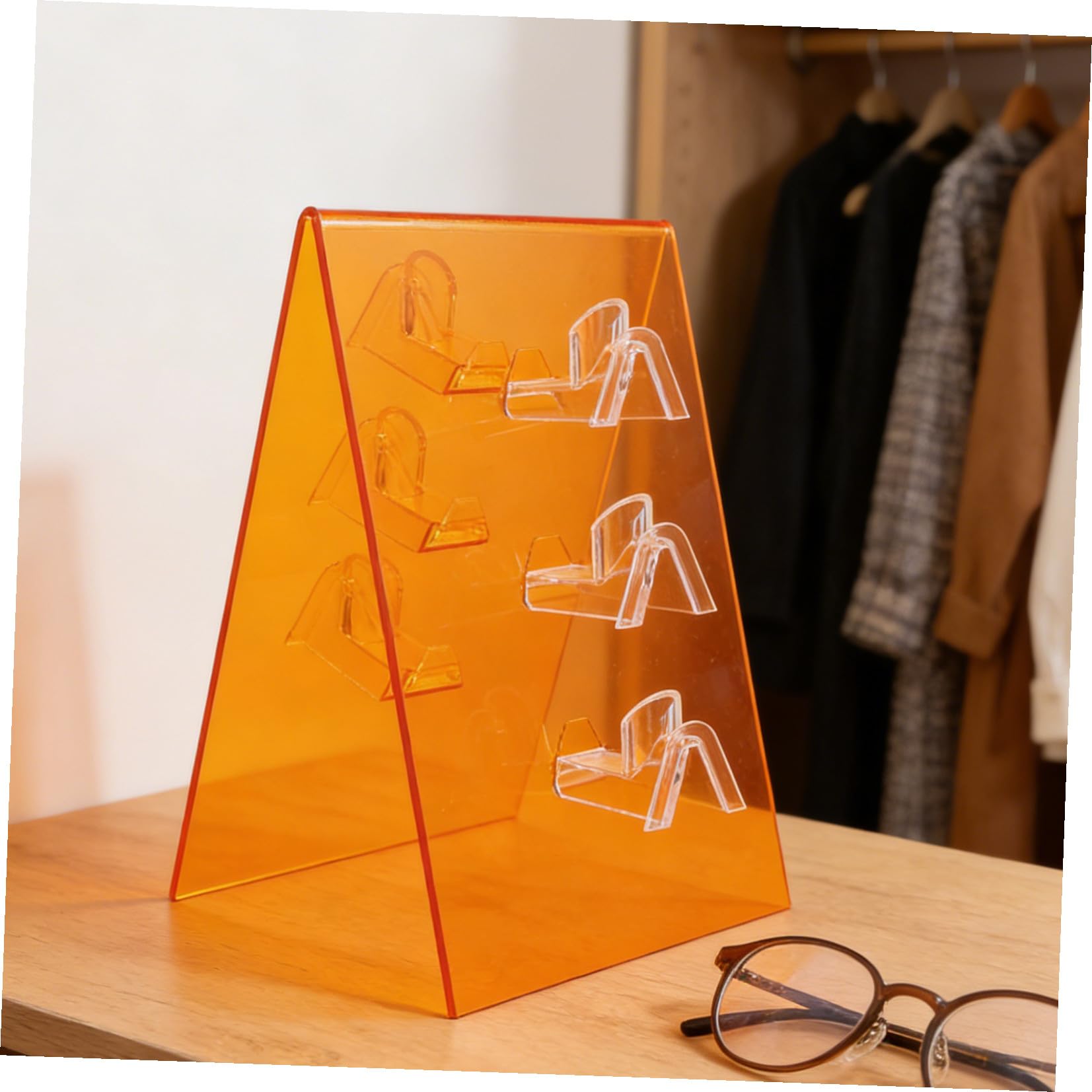 Espositore per Occhiali in Acrilico Trasparente Doppia Faccia Base Stabile e Design Moderno per Negozi ed Esposizioni Arancione